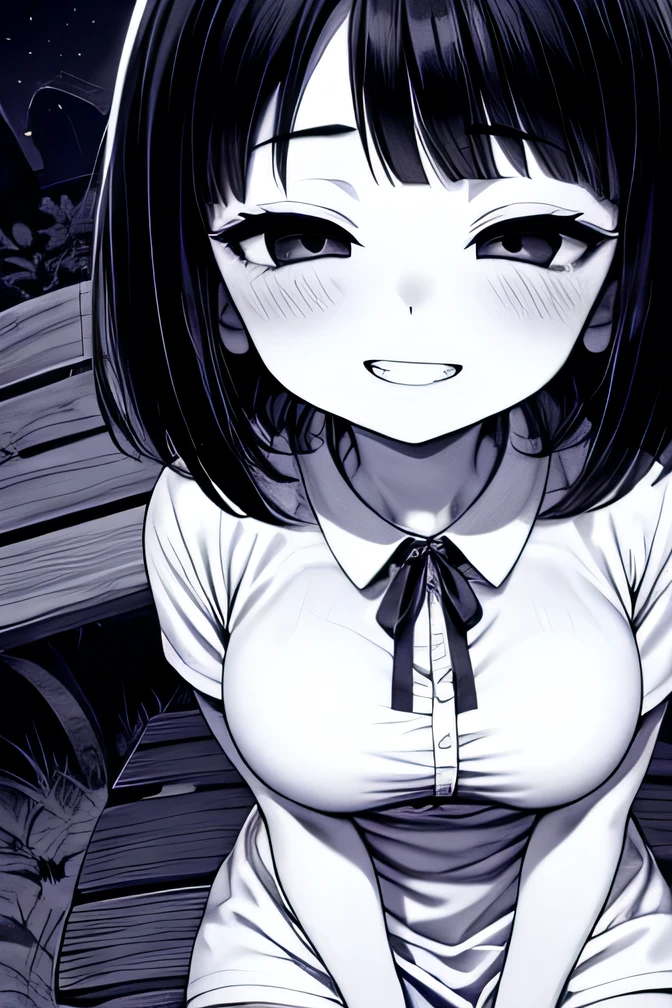 ((( Line art ))),((( monochrome:1.1))),1girl,(((solo))),(((ideal ratio body proportions))),iris , Dark Eyes ,( small eyes ),(Slanted Eyes) ,(((half closed eyes))),(((black hair))),( short bob hair ),bangs ,(((grin)) ),((short stature)),((big breasts)),(disproportionate breasts),(((white dress ))),((short puff sleeve)),(ribbon),button,flared skirt ,pantyhose,gray loafers,((amazed)),(sitting),(looking at viewer ),upper body,(((girl focus))),((at night)),(((face close up))),in the park,on the bench,angle from above,