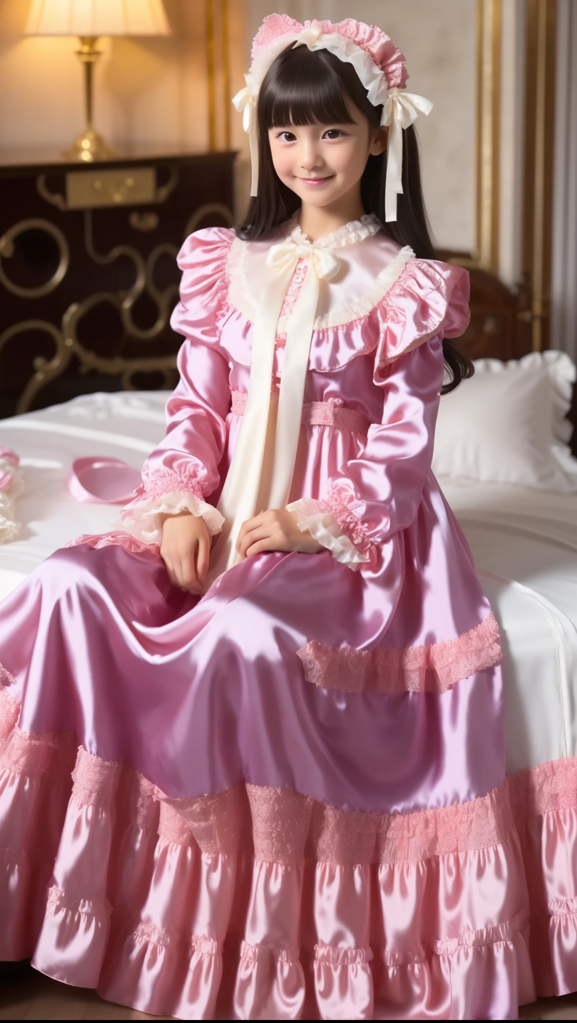 ((Distant view,Full Body,pure white background,standing:1.0)),Highest Quality, masterpiece, highest resolution, art work, super それにget used to it, many get used to it, get used to it, それにget used to it, 3k photos,,, (( 10 year old Japanese girl)),super fine young face,,lovely smile,baby-like face,,(((straight long hair))),,(((hot pink silk satin nightgown with lots of ruffles and bows,1920s style Victorian nightgown:1.2))),((ruffle round hat with ribbon)),((detailed yoke color with ruffles and ribbons,detailed ruffle placket:1.0)),((long sleeve,puff sleeve with ribbon,Ruffle sleeves)),((ruffle long skirt up to the ankle:1.0)),white ruffle socks,