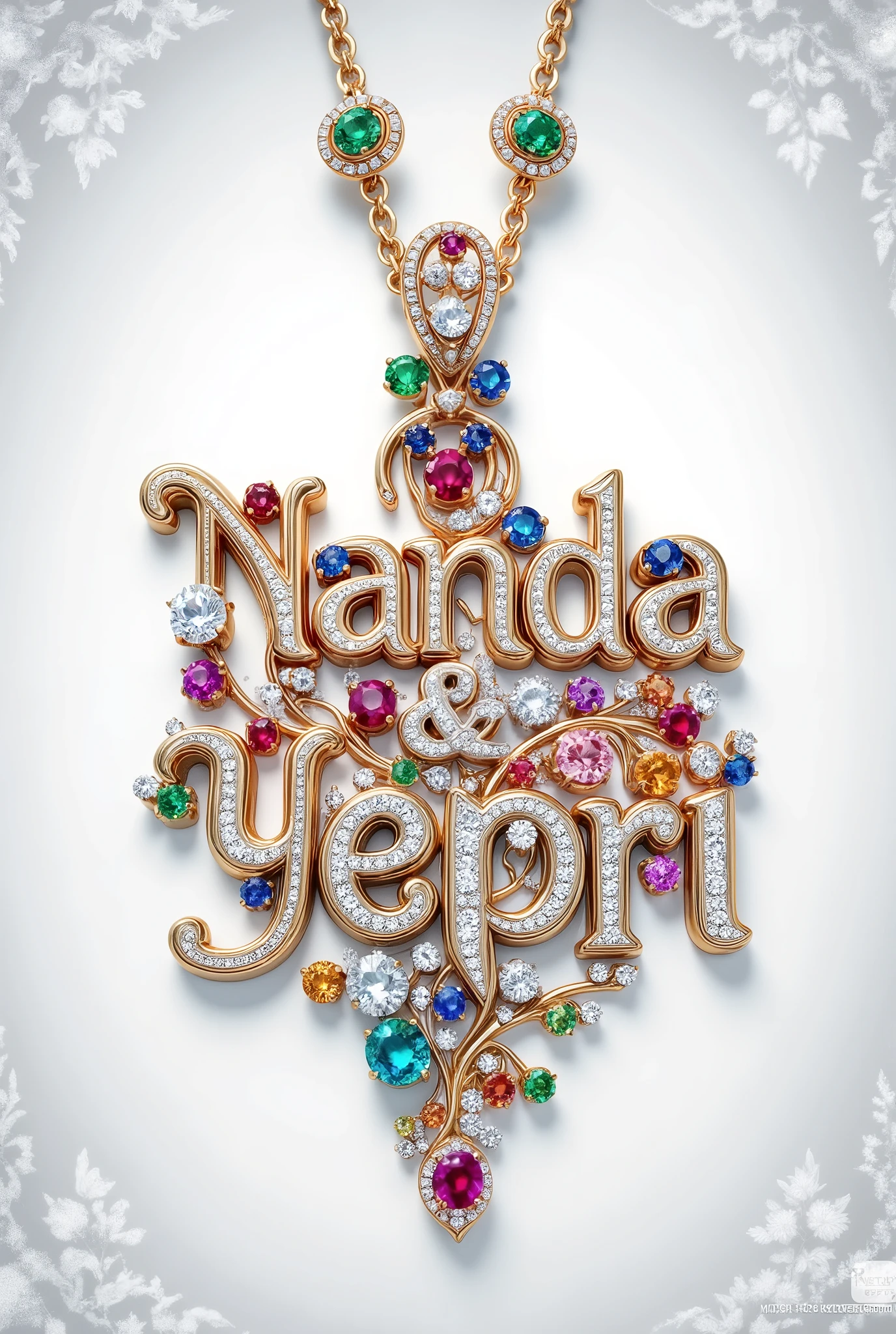 an exquisite pendant on a chain that spells out \"Nanda & Yepri "\ in gold and precious gems, i WHITE FABRIC background, In The Style of Intricate and Bizarre Illusions, God rays, Warm Tonal Range, Golden Ratio,aidmatextimprover,Detailer,logovintagehan83,extremely realistic,text focus,B_style,