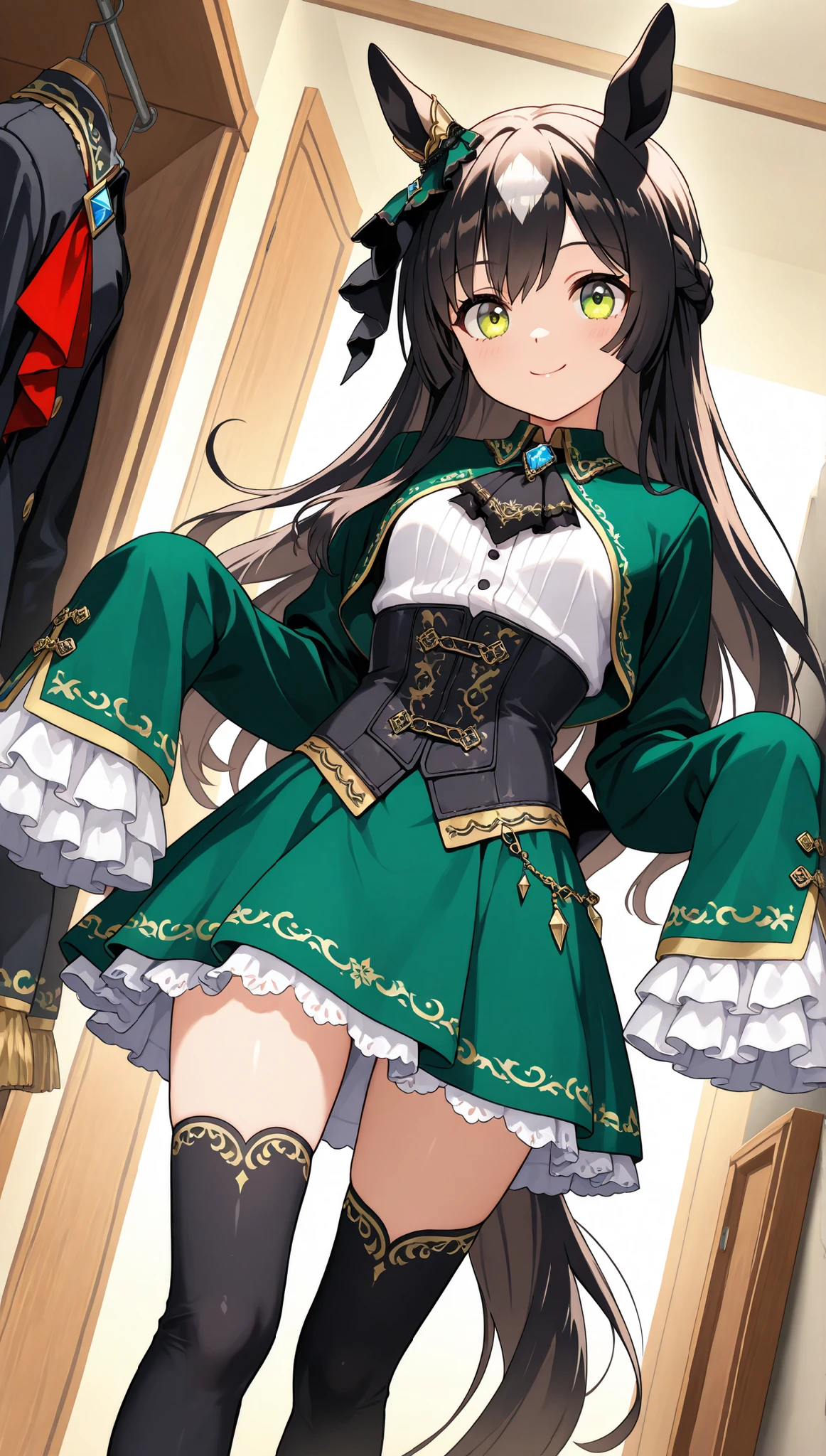4k anime style,(feet out of frame),top-quality,Top image quality,perfect anatomy,masterpiece,ultra-detailliert,Beautiful、ultra-quality, best quality,high resolution, ultra-detailed,game cg,dutch angle ,beautiful detailed eyes, visualart,five fingers, perfect hands, Smooth anime CG, 8k anime, Best quality, High resolution,Superdetail,Perfect light,high resolution, best quality, Accurate, Anatomically Correct, Best Quality, Masterpiece, perfect hands,BREAK,Young Anime female with long hair , black hair and green highlights.beautiful large green eyes,small breast,Beautiful waistsatonodef, half updo, braid, animal ears, ear ornament, frills, green dress, black jacket, white shirt, black ascot, sleeves past fingers, frilled sleeves, corset, green skirt, black thighhighs, horse tail,on closet,little smile