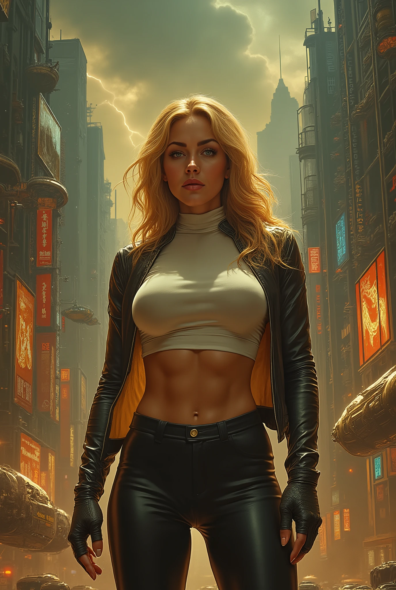 ull body image of a beautiful sexy sensual woman 25 years old, blonde long hair, blue eyes, red lips, thin waist, wide shoulders, long thighs, full breasts, wearing tight black leather pants that highlight her shapely legs and thin waist, white buttoned silk shirt that highlights her full breasts, black leather jacket that highlights her wide shoulders, high heeled loafers in the background steampunk night megacity, tall skyscrapers steampunk cars, trucks, wide roads, steam powered airships, gloomy storm clouds, lightning, 1800s design, dull, blurry, yellowish brown color scheme, poster-like, detailed, photorealistic Jules Verne novel atmosphere
