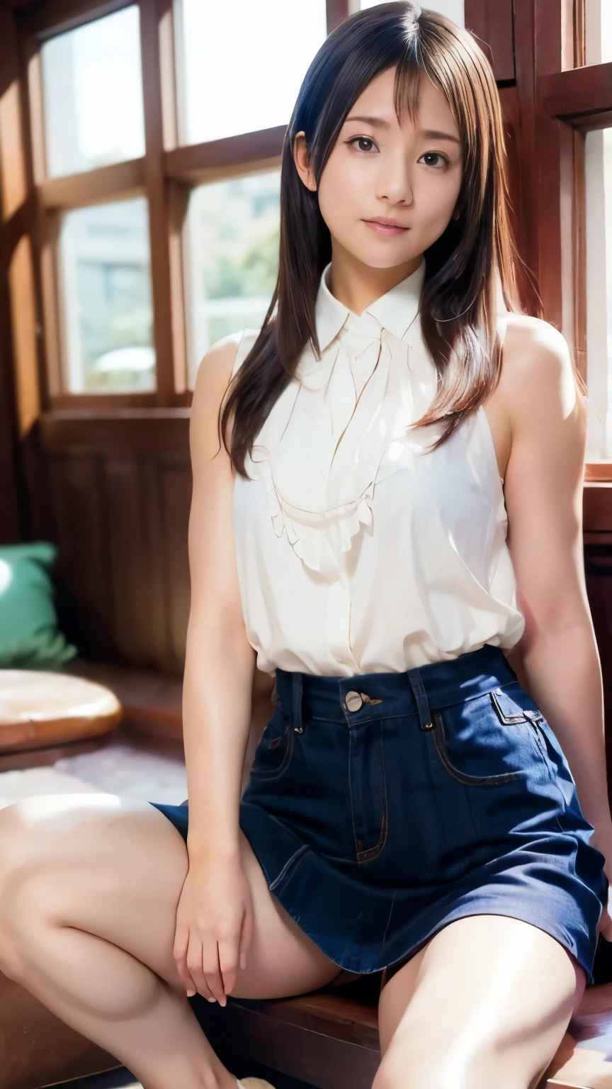 Highest Image Quality、Real Kimura Fumino、Panchira、realistic、micro mini skirt、legs open in an M shape、white panties、white pantiesのクロッチ