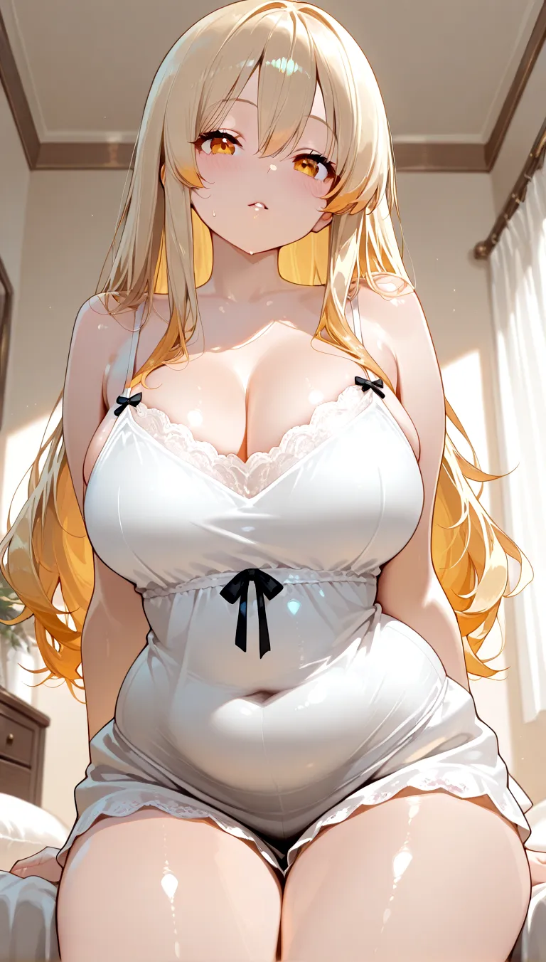 (very ???????????:1.5),(Korean Girls),(happy sick expression),(Cream colored lace lingerie,necklace,earring),(big ????? ???,????????,covered in ?????)