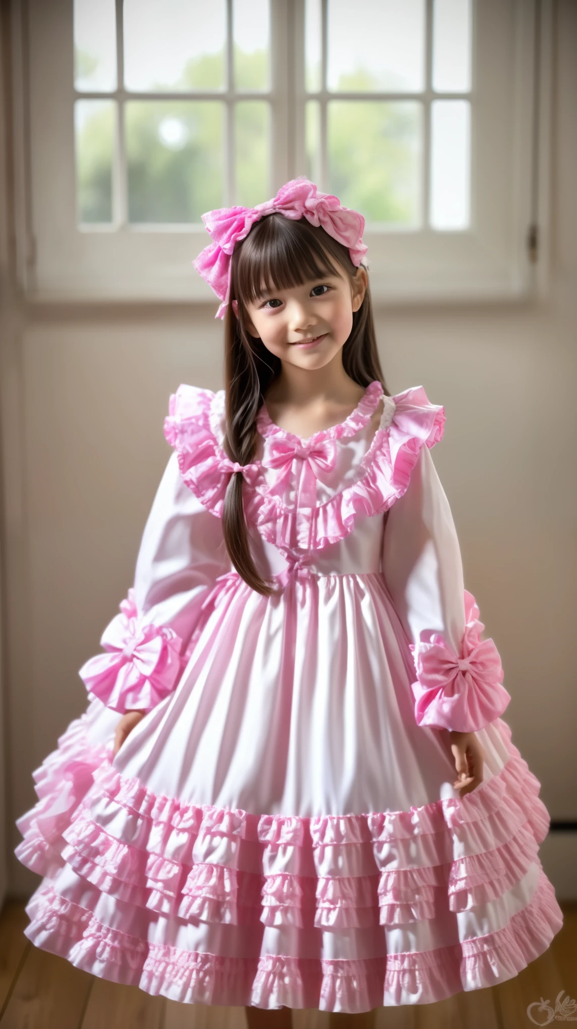 ((Distant view,Full Body,pure white background,standing:1.0)),Highest Quality, masterpiece, highest resolution, art work, super それにget used to it, many get used to it, get used to it, それにget used to it, 3k photos,,, (( 10 year old Japanese girl)),super fine young face,,lovely smile,baby-like face,,(((straight long hair))),,(((hot pink nightgown with lots of ruffles and bows))),((ruffle bed dress)),((detailed yoke color with ruffles and ribbons,detailed ruffle placket:1.0)),((long sleeve,puff sleeve with ribbon,Ruffle sleeves)),((ruffle long skirt up to the ankle:1.0)),white ruffle socks,