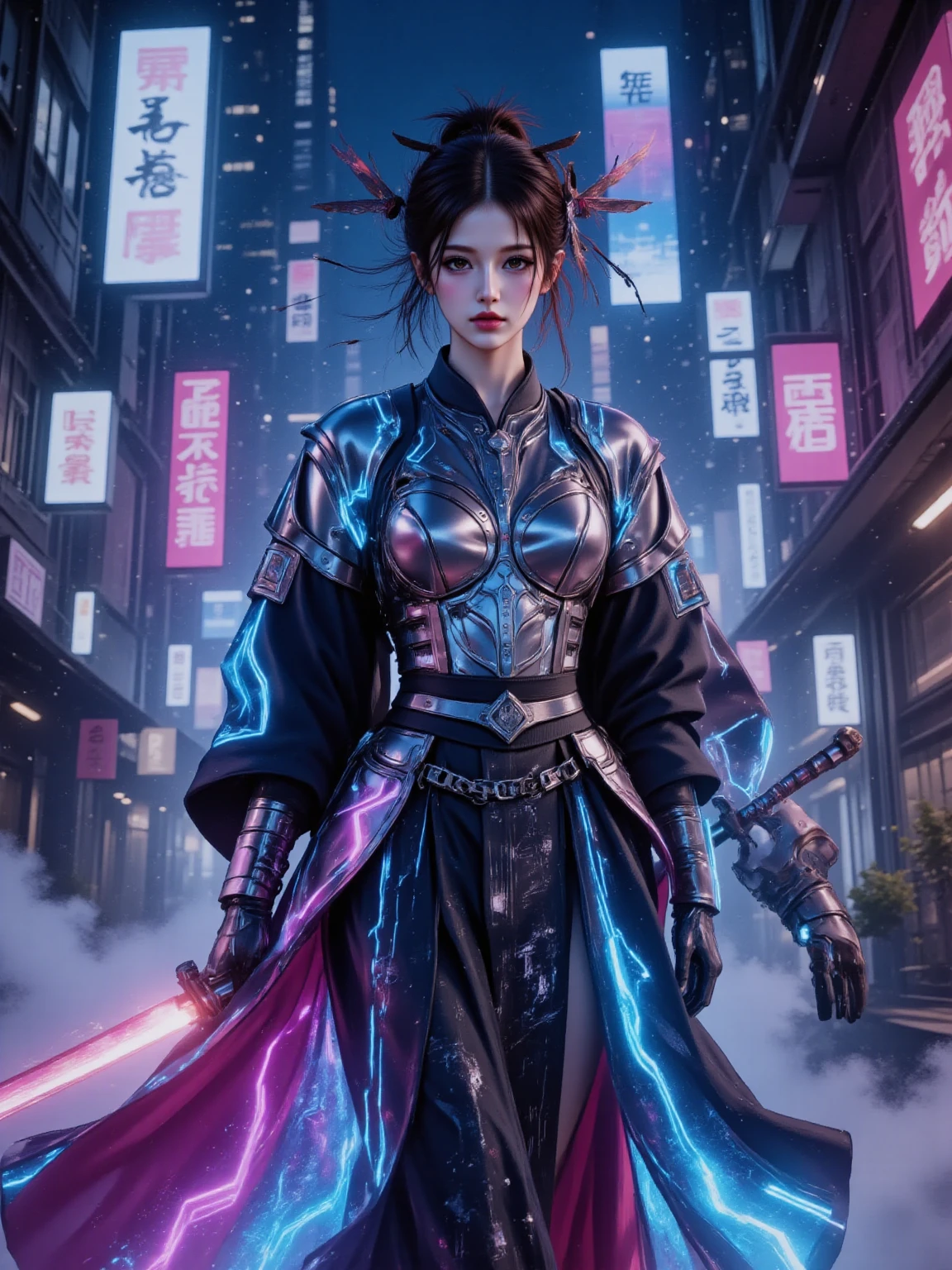 (masterpiece), (best quality), (ultra-detailed), (8K), (HDR), (high contrast), (intricate frill details:1.3), (dramatic shadows:1.2),  (cyberpunk), (neo-Tokyo), (high contrast), (dramatic shadows),
Concept: A cybernetic geisha with a blood-splattered apron, holding a glowing katana and a severed robotic arm.
Attire: Traditional kimono fused with LED wiring, one side torn to reveal mechanical limbs.
Pose: Mid-swing, hair  with electric-blue streaks (B&W luminance).
Lighting: Neon signs (in grayscale) casting jagged reflections on wet pavement.
Environment: Back-alley ramen shop with holographic graffiti.
Vibe: "A ghost of the old world, killing the new."