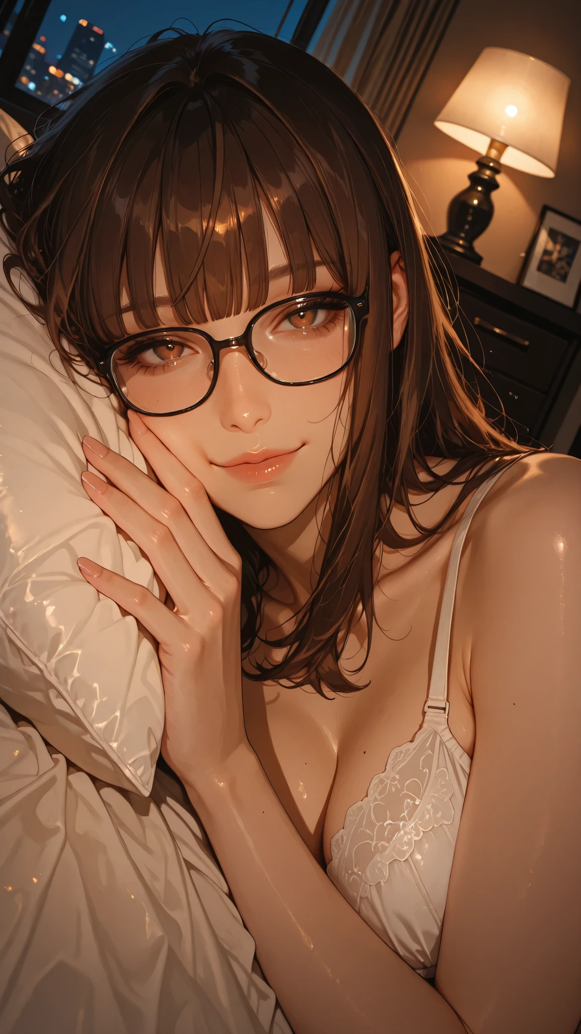 masterpiece, high quality, ultra-detailed, 1 girl, brown eyes, brown hair, blunt bangs, shoulder length hair, simple white cotton bra, black frame glasses, intellectual appearance, upper body focus, lying sideways on unmade bed, elbow propped on bed, cheek resting on palm, intimate close-up angle, seductive knowing smile, direct eye contact with viewer, side view perspective, viewer POV from beside her, soft curves, smooth shoulders, collarbone visible, disheveled hair falling naturally, modern apartment bedroom, city night lights through bedroom window, queen-sized bed with white sheets, messy duvet, multiple pillows, warm bedside lamp glow, intimate atmosphere, professional photography, bedroom eyes through glasses, night time, cozy bedroom lighting, shallow depth of field, soft shadows on skin, warm intimate lighting highlighting facial features, slightly wrinkled sheets beneath her