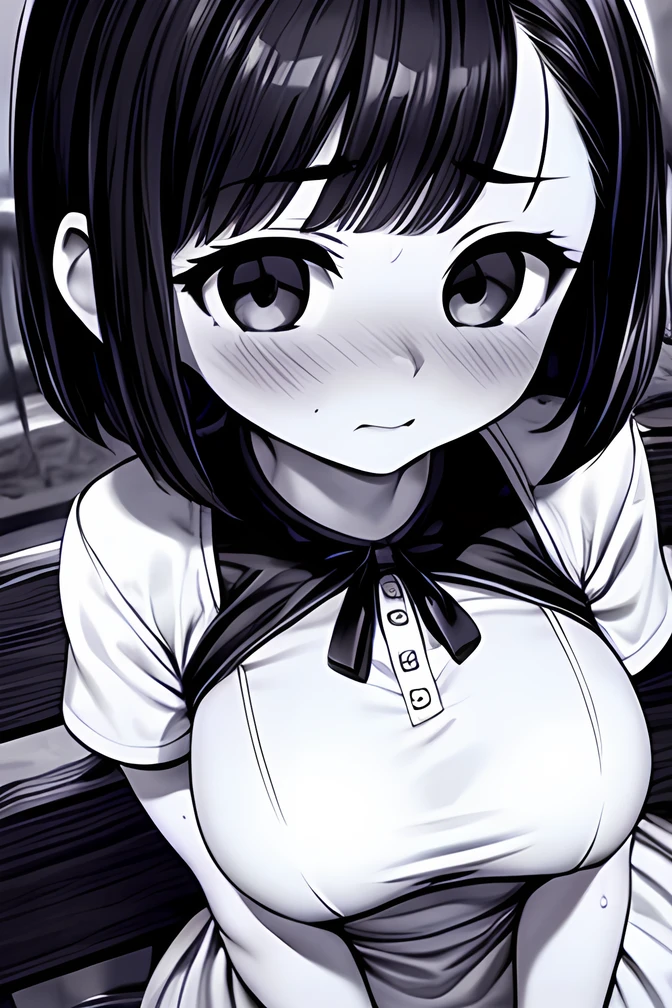 ((( Line art ))),((( monochrome:1.1))),1girl,(((solo))),(((ideal ratio body proportions))),iris , Dark Eyes ,( small eyes ),(Slanted Eyes) ,(half closed eyes),(((black hair))),( short bob hair ),bangs ,((( embarrassed:1.3))),((short stature)),((big breasts)),(disproportionate breasts),(((white dress ))),((short puff sleeve)),(ribbon),button,flared skirt ,pantyhose,gray loafers,((amazed)),(sitting),(looking at viewer ),upper body,(((girl focus))),((at night)),(((face close up))),in the park,on the bench,angle from above,