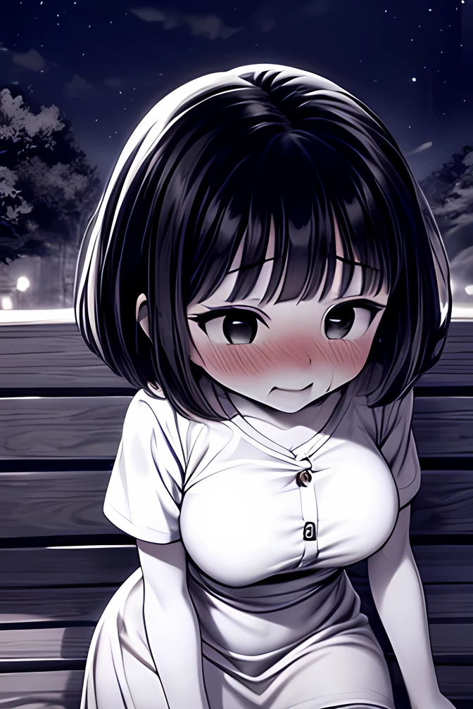 ((( Line art ))),((( monochrome:1.1))),1girl,(((solo))),(((ideal ratio body proportions))),iris , Dark Eyes ,( small eyes ),(Slanted Eyes) ,(half closed eyes),(((black hair))),( short bob hair ),bangs ,((( embarrassed:1.3))),((short stature)),((big breasts)),(disproportionate breasts),(((white dress ))),((short puff sleeve)),(ribbon),button,flared skirt ,pantyhose,gray loafers,((sexual Estrus)),(sitting),(looking at viewer ),upper body,(((girl focus))),((at night)),(face close up),in the park,on the bench,angle from above,