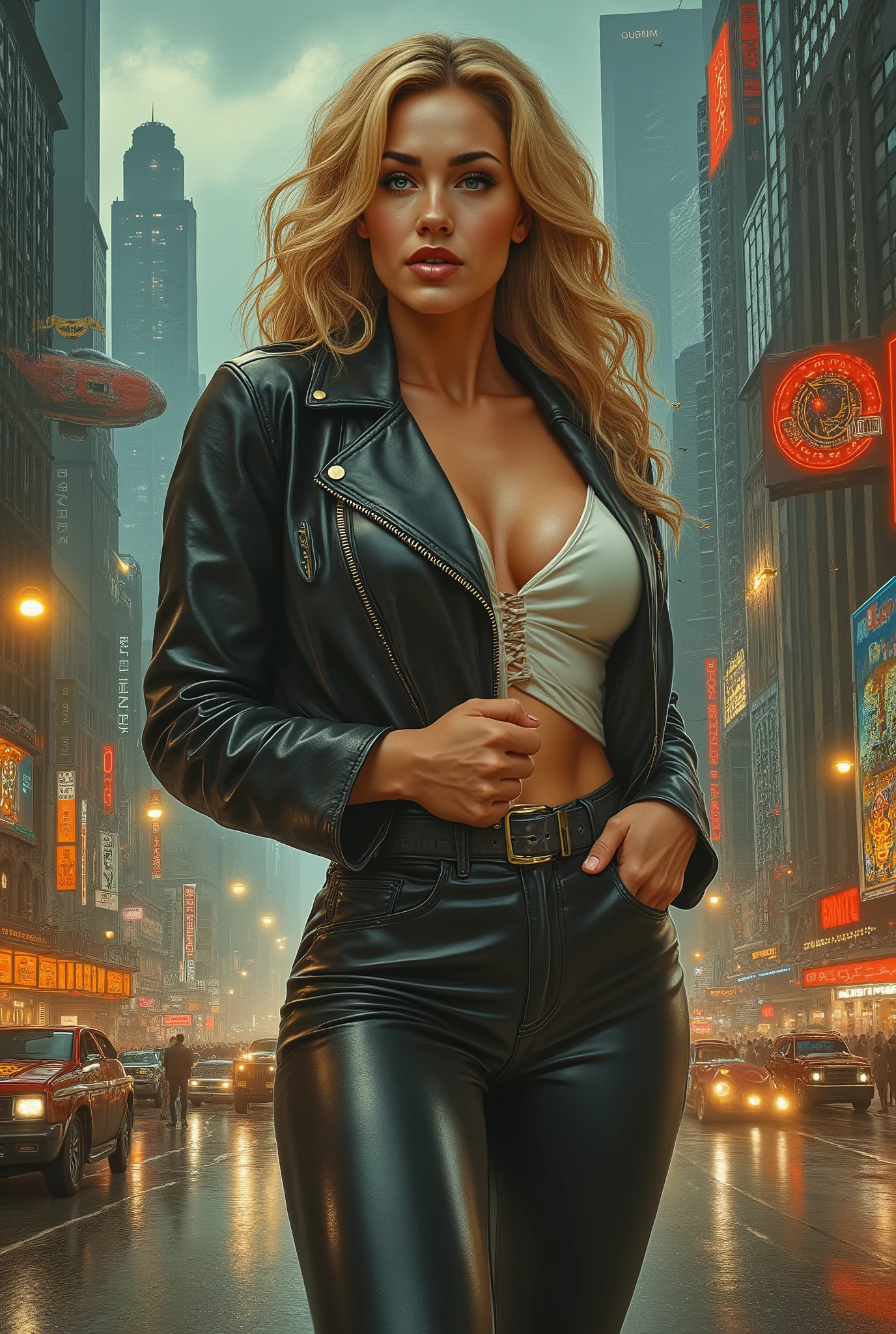 ull body image of a beautiful sexy sensual woman 25 years old, blonde long hair, blue eyes, red lips, thin waist, wide shoulders, long thighs, full breasts, wearing tight black leather pants that highlight her shapely legs and thin waist, white buttoned silk shirt that highlights her full breasts, black leather jacket that highlights her wide shoulders, high heeled loafers in the background steampunk night megacity, tall skyscrapers steampunk cars, trucks, wide roads, steam powered airships, gloomy storm clouds, lightning, 1800s design, dull, blurry, tan color scheme, poster-like, detailed, photorealistic Jules Verne novel atmosphere