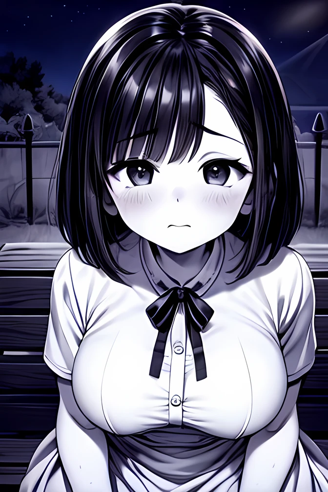 ((( Line art ))),((( monochrome:1.1))),1girl,(((solo))),(((ideal ratio body proportions))),iris , Dark Eyes ,( small eyes ),(Slanted Eyes) ,(half closed eyes),(((black hair))),( short bob hair ),bangs ,(((Sweet sorrow:1.3))),embarrassed ,((short stature)),((big breasts)),(disproportionate breasts),(((white dress ))),((short puff sleeve)),(ribbon),button,flared skirt ,pantyhose,gray loafers,((sexual Estrus)),(sitting),(looking at viewer ),upper body,(((girl focus))),((at night)),(face close up),in the park,on the bench,angle from above,
