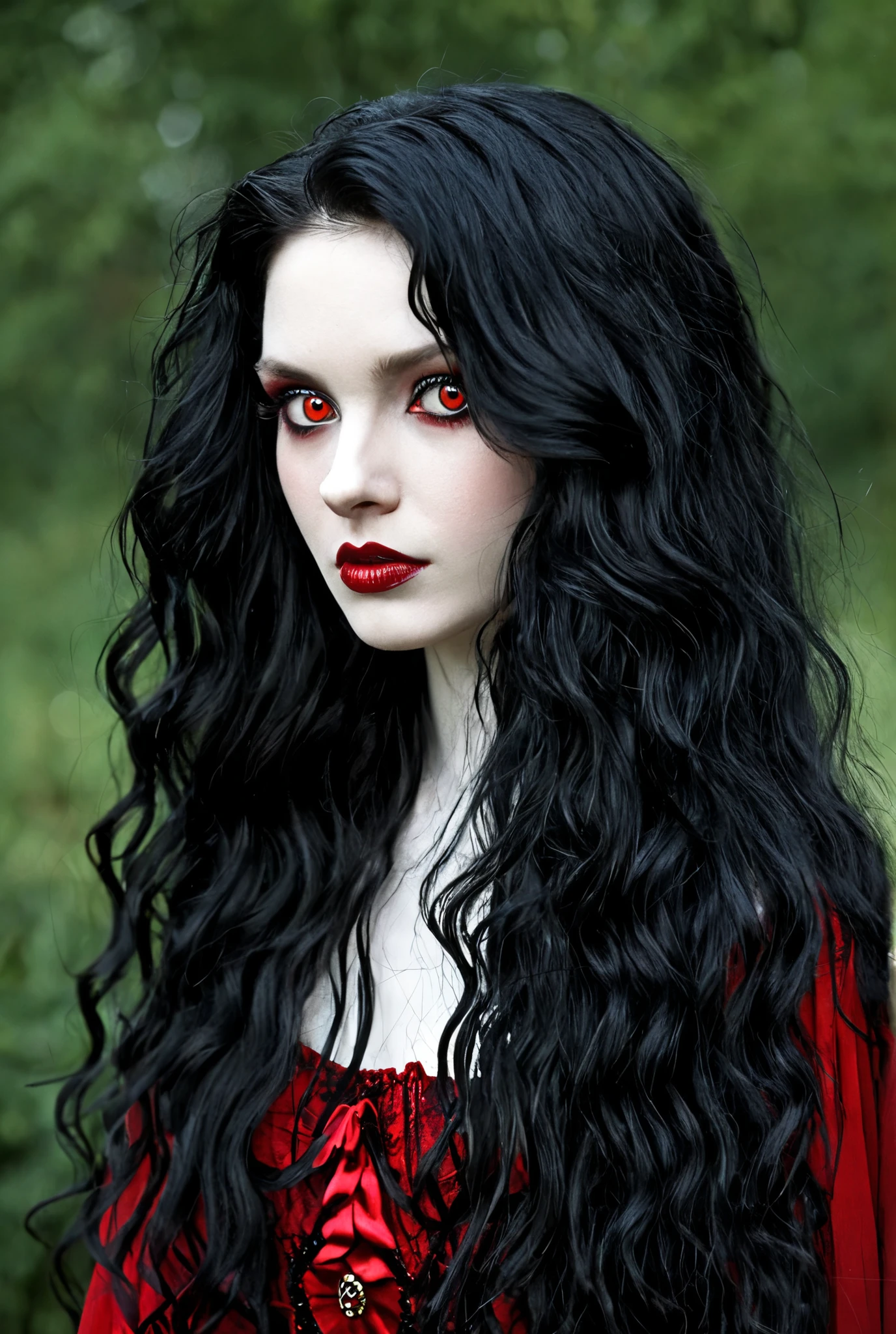 Create a beautiful woman with red eyes big black hair and half wavy skin very pale skin dressed like a black and red gypsy 