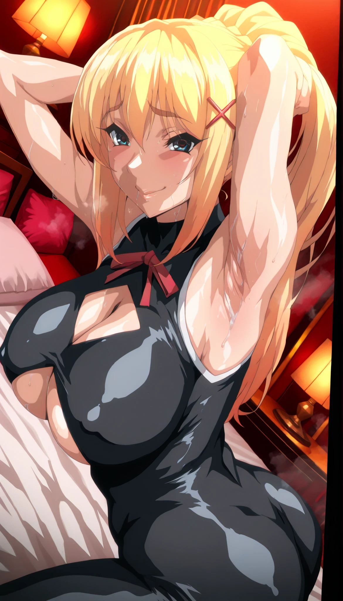 masterpiece,best image quality,超Fine,8k,very aesthetic, high resolution, Perfect Details, faint light,high brightness, soft saturation ,detailed,deep color,rich color,dark colors,Amazingly Fine, detailed face,非常にhigh resolution ,8k, Unity,beautiful face,highly detailed background,Clear quality,high brightness contrast, light sparkles, wide image, (darkness background),(luxury hotel),(on bed),(pink Horizontal pillow),(lamp),(White bed sheet),(anatomically correct), glistening skin, nsfw,(mur4k4mi-face),solo,1mature female,konosuba,lalatina dustiness ford,aadarkness, long hair, blonde hair, blue eyes,Beautiful lips,(Fine,4k), pretty eyes,(Fine,4k,),(large breasts:1.0),(glistening body), (Lip gloss), smile,looking pleasured, red ribbon,ponytail,(x hair red ornament), black bodystocking,(Erotic),(Salacious),(detailed armpits), touching hair,(underboob),(cleavage cutout),(steam armpit:1.5),(sweaty armpit), from side, look back,looking at viewer, (armpit focus),(dynamic angle),(dutch angle),wariza,