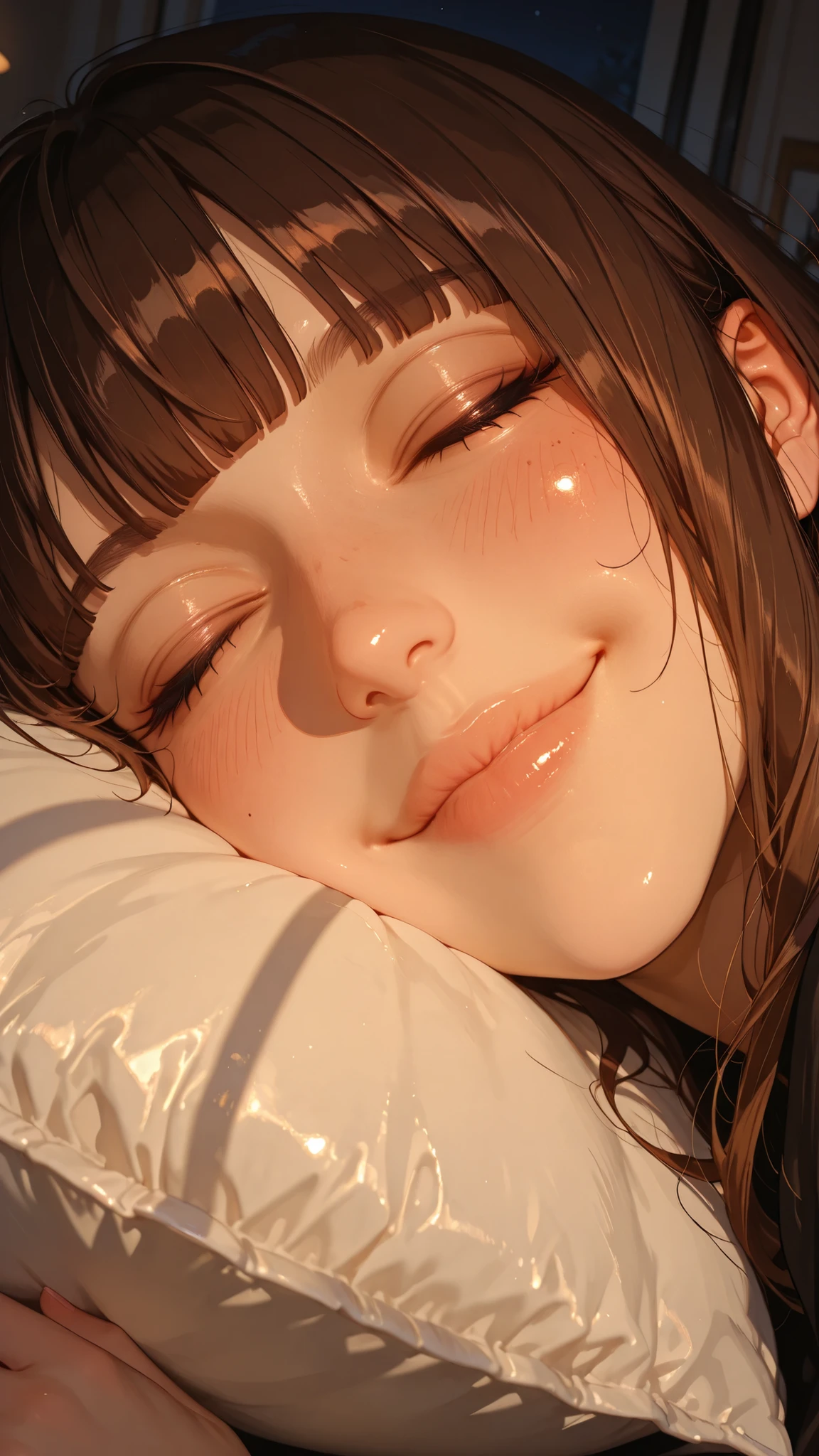 masterpiece, high quality, ultra-detailed, 1 girl, extreme close-up face focus, ((closed eyes:1.4)), brown hair disheveled and clinging to face, blunt bangs, smiling, intense blush across cheeks, flushed skin, pleasured, sleep, heartwarming smile, white pillow, warm bedroom lighting casting soft shadows, professional photography, shallow depth of field, night time intimate atmosphere, natural skin texture with flush,