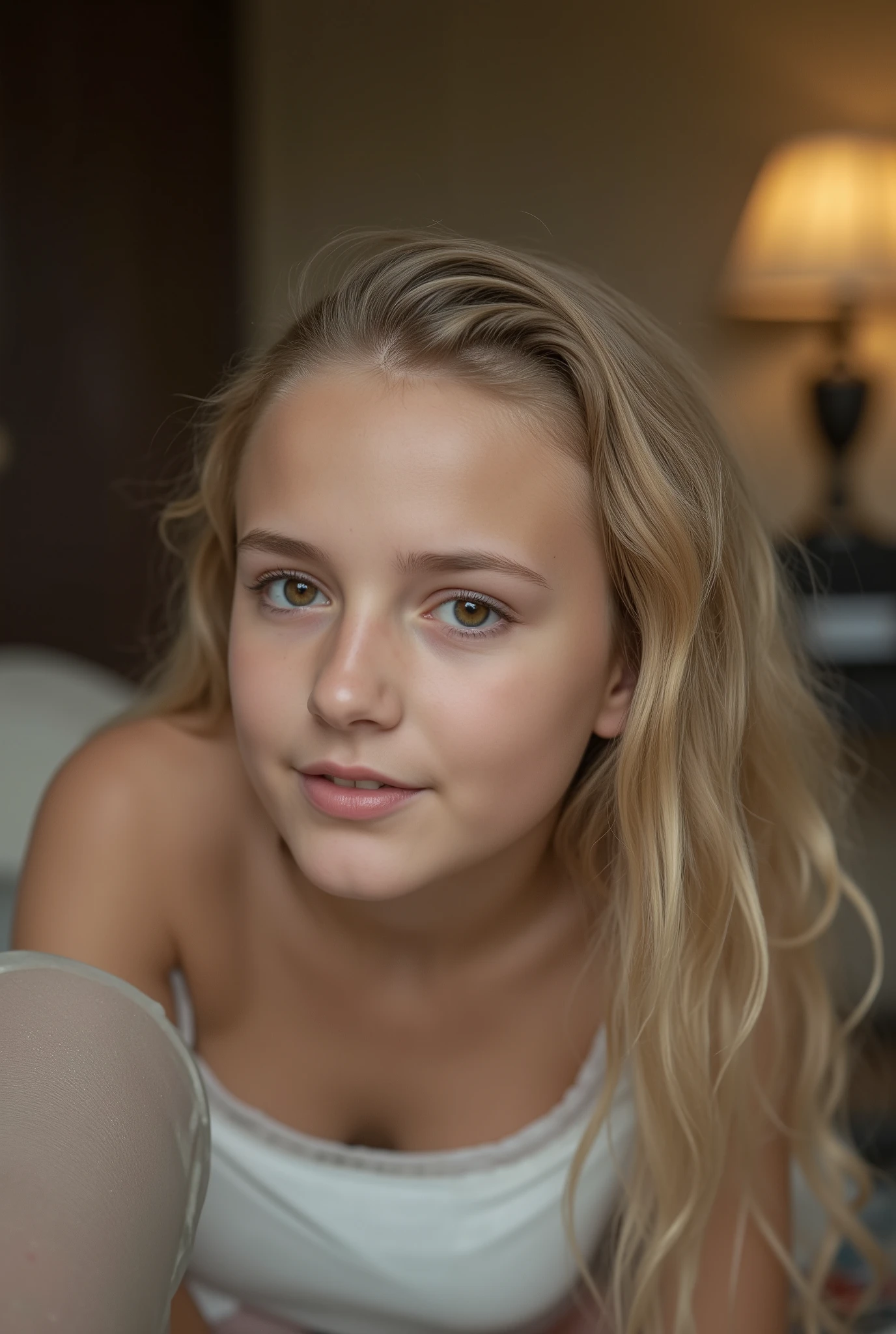 polaroid photo, night photo, photo of 12 yo pretty, cute, girl, pale skin, long blonde hair, blue eyes, bokeh, flashing, fully , happy, smiling, birthday, party, birthday hat,