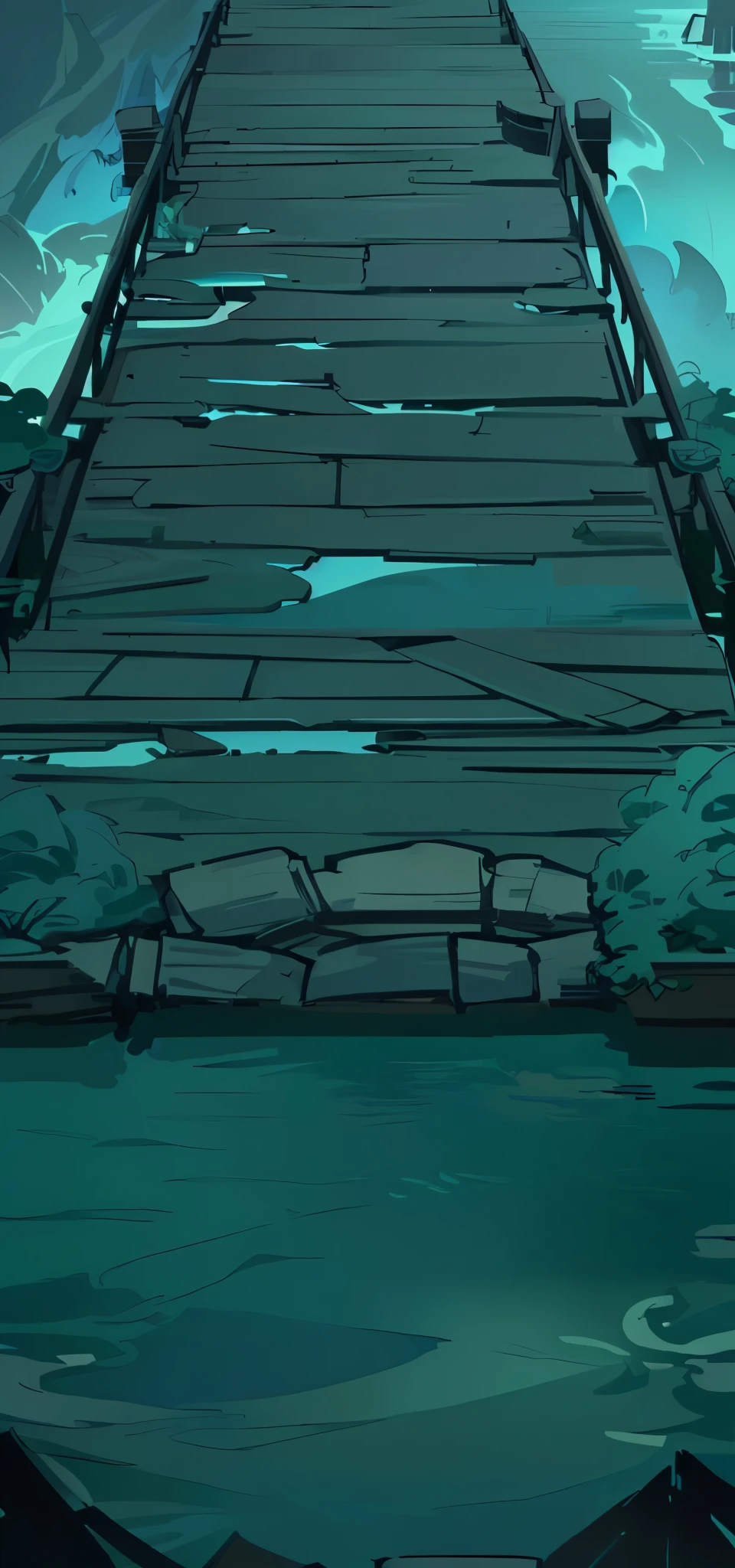 There is a long wooden bridge spanning the water surface, with abandoned Chinese style cartoon buildings in the background, a dark blue and white background, a 2D game cartoon scene style, a dark game background, a wooden plank bridge, an arena background, a background artwork, and two lion sculptures in the foreground. The cutscene animation is drawn in the game concept art style