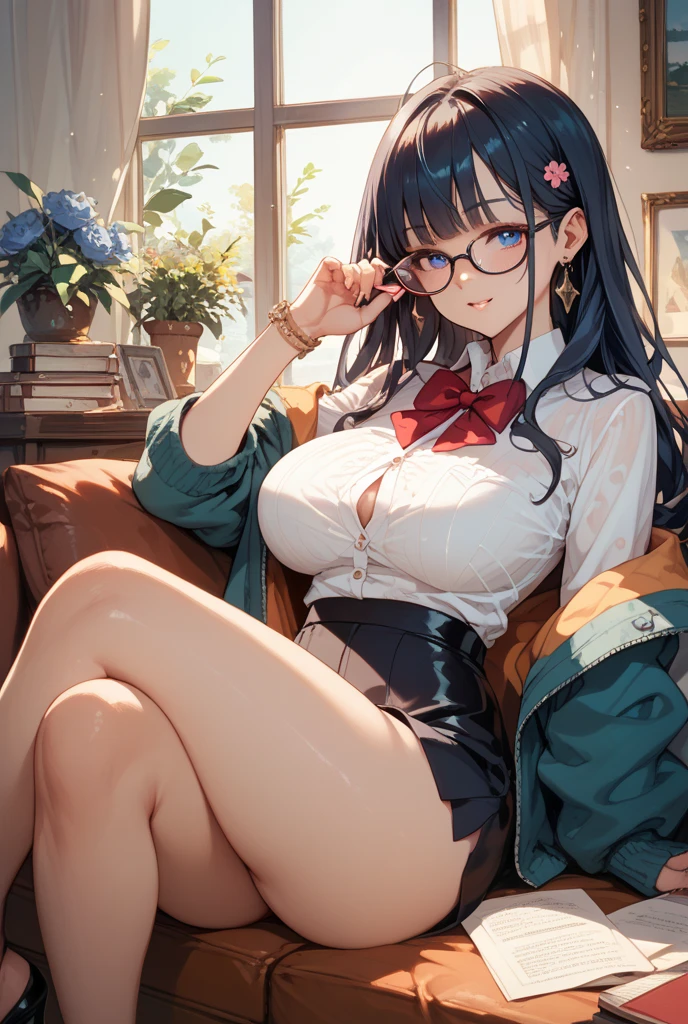 Juniper Montage, Juniper from My little pony, ??????????????, small ???????, five fingers, detailed hands, two hair tones, hair color turquoise and dark turquoise, twin tails hairstyle, glasses, red sofa, bangs obliquely, blue eyes, film coil hairpins, solo, one character