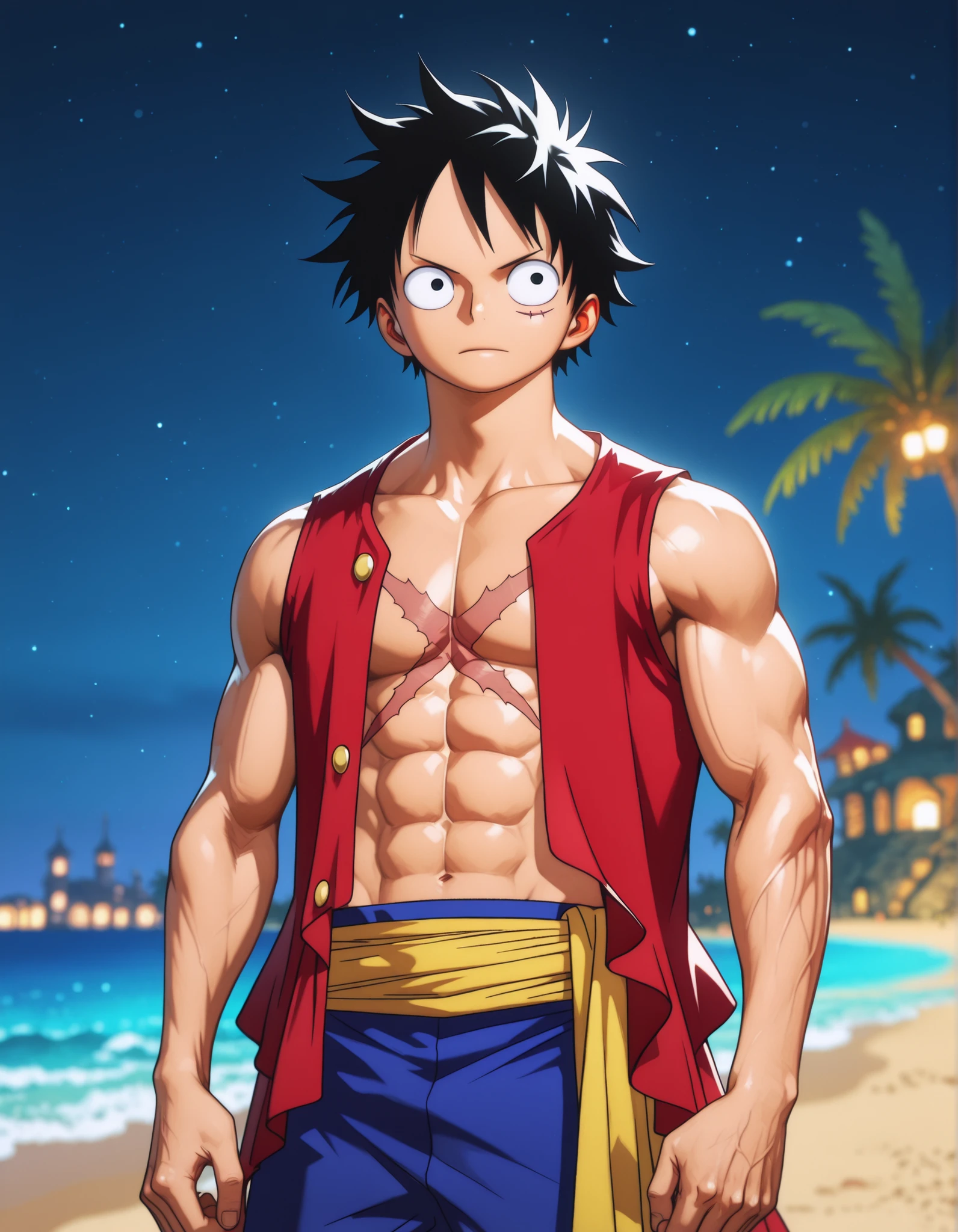 solo, {Luffy D. Monkey, ((male)), tall muscular build, mature:1.8, my hero academia, black hair, black eyes, large x scar on chest, blue shorts, red vest, bare chest}, [BREAK] blurred background, night time, outside, standing on a beach, palm trees, [BREAK] general, masterpiece, masterwork, best quality, highres, cinematic composition, ultra-detailed lace and fabric textures, eyesHD, high gradient eyes, detailed eyes, high definition eyes, photoreal semi-cinematic style, perfect fingers, perfect hands, 