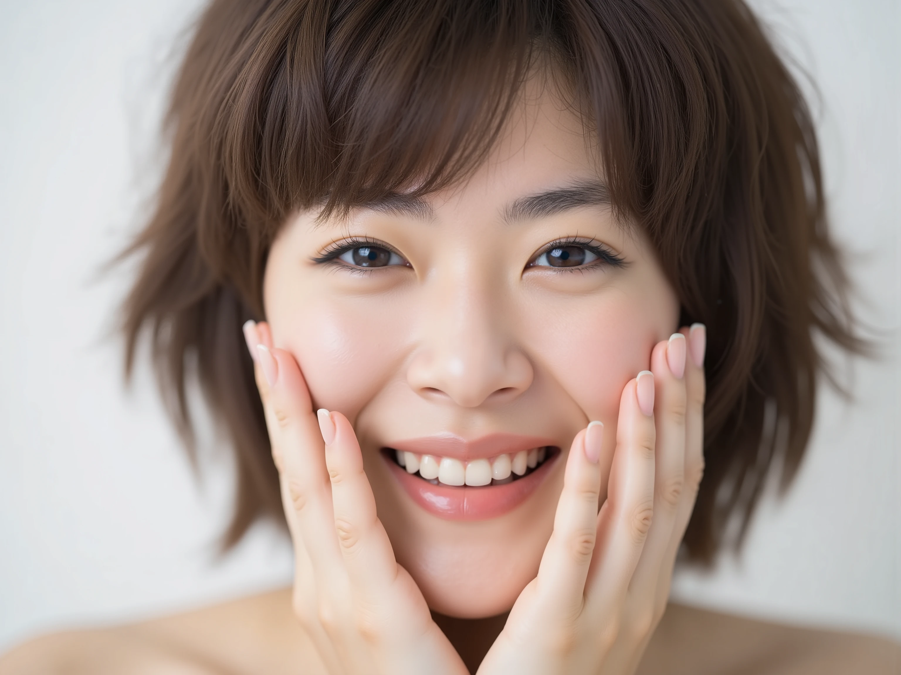 (Refined from an old photo, recreated in a modern, ultra high-quality photorealistic style),
Ultra photorealistic close-up portrait of a beautiful Japanese woman,
upper-body shot, wearing a black outfit (completely out of frame, not visible),
shoulders and collarbone softly exposed,
both hands pressing her cheeks in a shy, lovestruck pose,
sparkling eyes gazing dreamily at the viewer with overwhelming affection,
cheeks blushing deeply with a sweet reddish glow,
soft glossy lips curved into a bright, full, lovestruck smile,
expression melting with love, playful, dreamy, adorably bashful,
purely cute and lovestruck, overflowing with affection and warmth,
smooth glowing skin texture with delicate details,
hair softly framing her blushing face, slightly tousled,
background pure white with gentle blur,
(masterpiece, best quality, high resolution, intimate romantic close-up, cinematic magazine cover style)