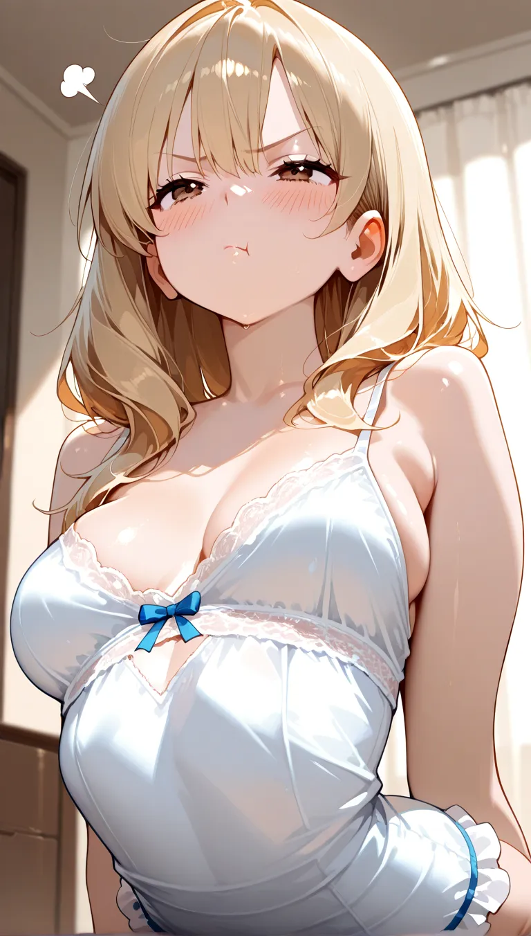 1boy and 1girl, Angle from the front、(((Close-up of mouth to ?????:1.4))), (The gap between the camisole and the ?????)、(She bends forward so you can see her ??????? under her camisole.)、The girl bends forward to show off her ???????、(((evil grin))), ((10 years old girl)), Cute hair clip、Blonde、low length、Small ???????, Camisole、In the corner of the kitchen、((???????)), (1????? is in front of ???????), eject ???, ??? to ???????、(The mouth is smiling and holding a ??????)、