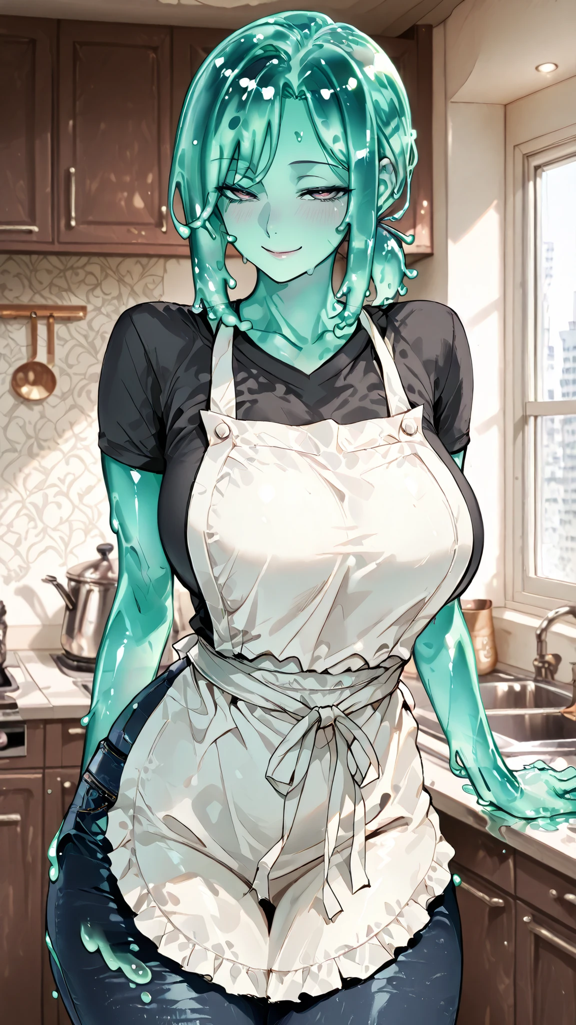 handfixer,dasiwaslgl,SOLO,A Green Slime Female,Mature Female,(Slime hair,Short ponytail), Shiny Skin,Slim Body,Big Breasts,Slim Waist,Big Hip,Wearing A Black T-Shirt, Long Jean Pants,White apron,Standing In the kitchen, Beside the window,((Torogao,Seductive smile)),Sunshine,in the Apartment,UHD, SOLO, anatomically correct, masterpiece, Slime skin, high details, highres, 1080P, 16k, accurate,Cowboy Shot,(((look at the viewer)))