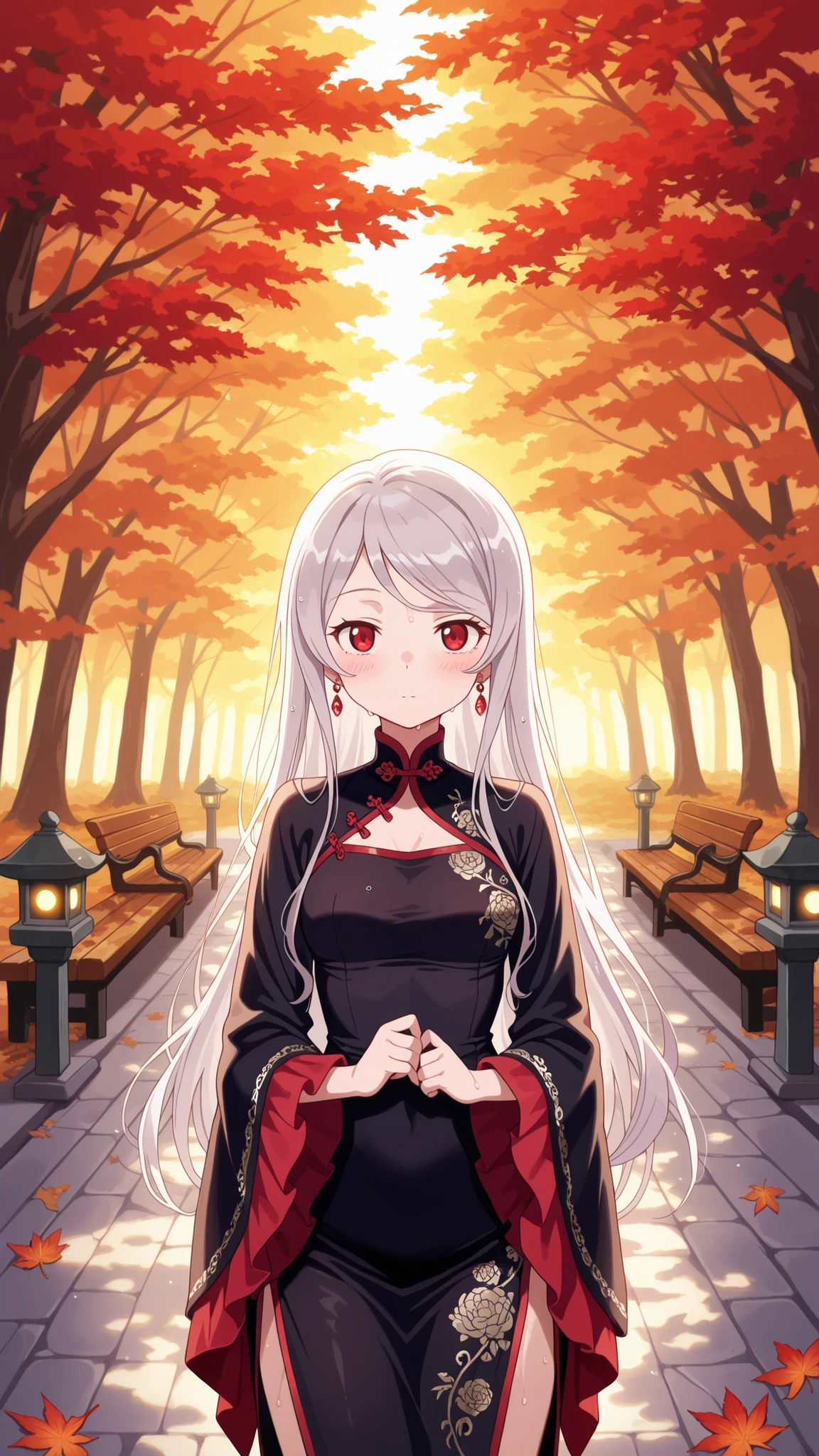 BREAK (masterpiece:1.2),Peaceful Japanese park during autumn after rainfall, vibrant red and golden maple leaves scattered across glistening stone paths, wet wooden benches under glowing foliage, stone lanterns reflecting in puddles, warm light shining through misty air, atmosphere of quiet melancholy and freshness, cinematic composition, highly detailed, 8K masterpiece digital painting,no people, shalltear, grey hair, long hair, red eyes, silver hair,Elegant traditional Chinese dress, flowing silk fabric with intricate golden embroidery, long wide sleeves, delicate floral patterns, black dress,jawerly,earrings,blush,looking at viewer,cowboy shot,