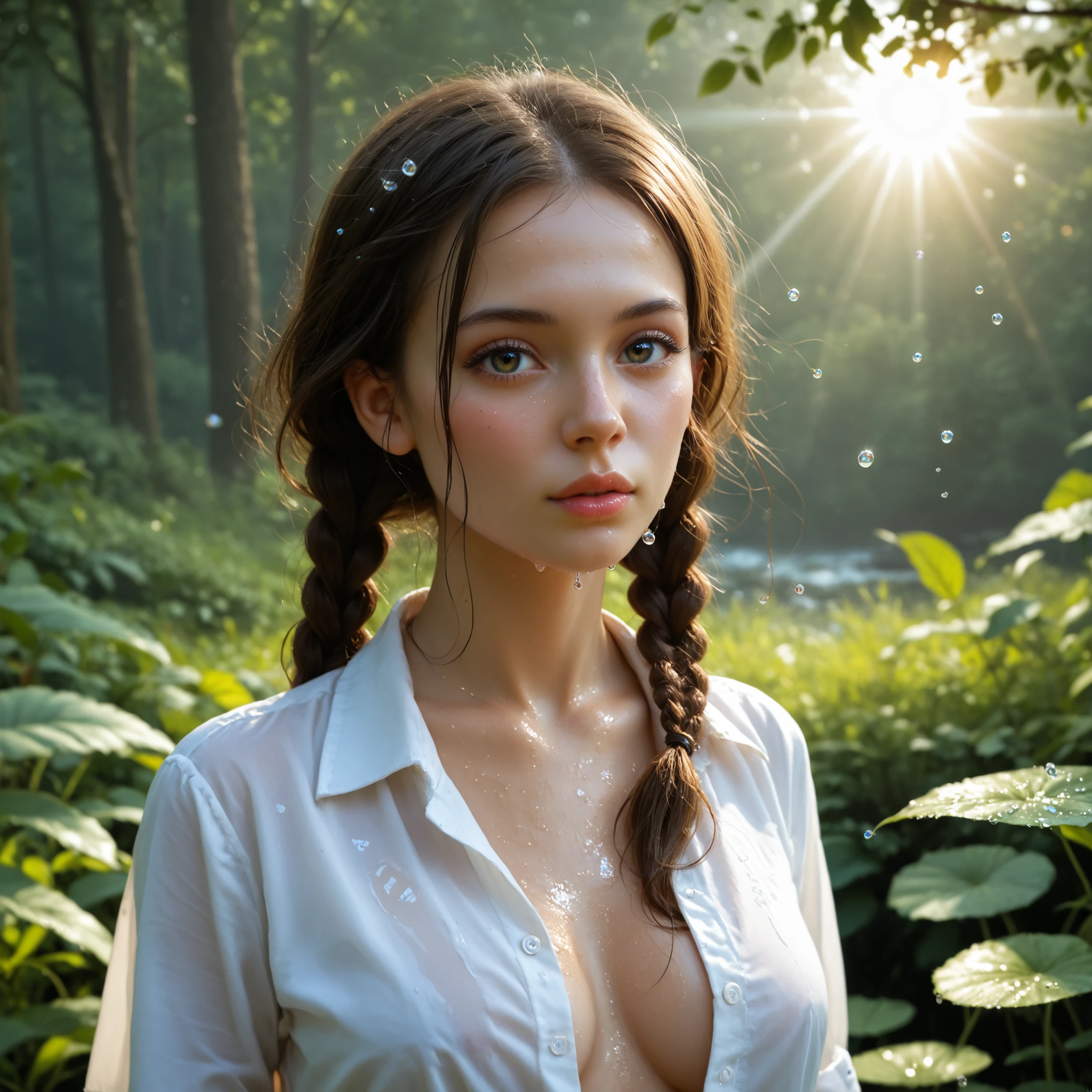 deep ebony 1girl, beautiful face, freely hanging braids, white unbuttoned shirt, thin fabric, wet, detailed portrait, photorealistic, realistic skin and hair, HDR, UHD, extremely fine details, vivid colors, seamless blend, natural lighting, lush environment, outdoor forest, sun rays, wind blowing, water droplets, depth of field