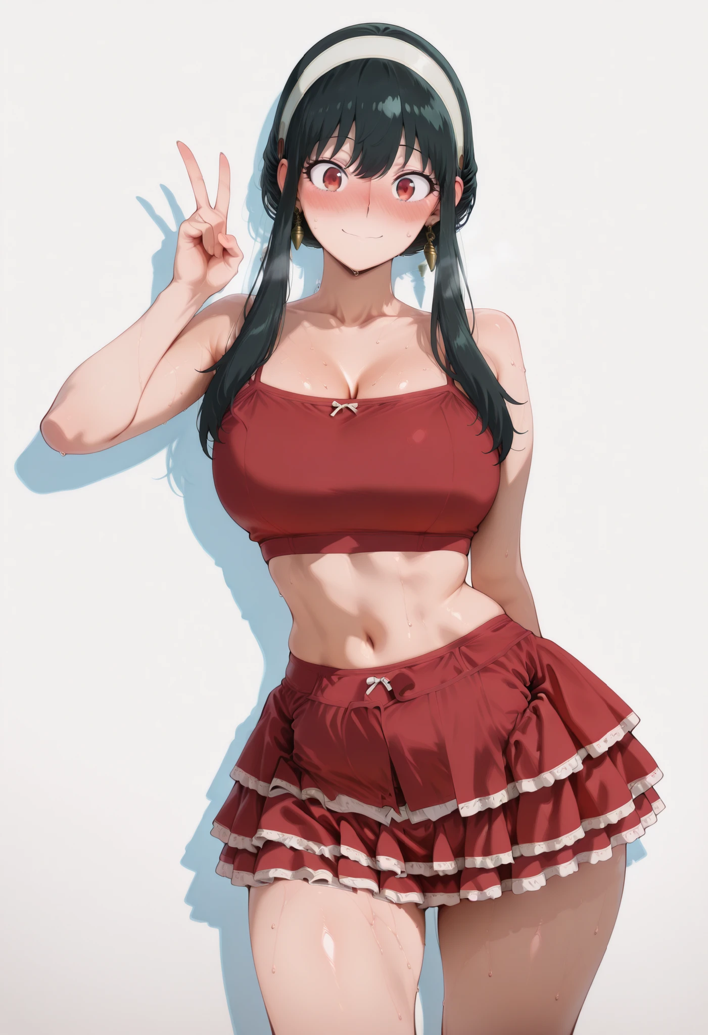 score_9, score_8_up, score_7_up, score_6_up, score_5_up, score_4_up, masterpiece, high quality, yor briar, black hair, red eyes, earrings, white hairband, hairband, long hair, sidelocks, , shiny skin, shiny hair, shiny body, clear body, , nose blush, sweat, sweaty, sweaty:1.3,, standing, nice legs,, looking at viewer, thick thigh, thick thighs, nice face, solo, opaque clothes, cowboy shot, nice legs, DYNAMIC POse, , solo, , thick thigh, dynamic pose, navel ,midriff,,, LOOKING AT VIEWER,, soft smile,, DYNAMIC POSE, white background,empty background,crop top, camisole, ruffled skirt, (red) shirt, (red) skirt,,,,crop top, camisole, ruffled skirt, (red) shirt, (red) skirt,,,,crop top, camisole, ruffled skirt, (red) shirt, (red) skirt,,,,crop top, camisole, ruffled skirt, (red) shirt, (red) skirt,,,,crop top, camisole, ruffled skirt, (red) shirt, (red) skirt,,,,crop top, camisole, ruffled skirt, (red) shirt, (red) skirt,,,,crop top, camisole, ruffled skirt, (red) shirt, (red) skirt,,,,crop top, camisole, ruffled skirt, (red) shirt, (red) skirt,,,, RELAX POSE, v sign, one hand on waist
