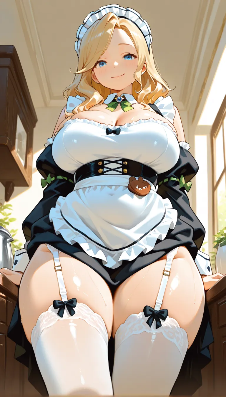 Mom、Long blonde、Big Breasts、Plump thighs、apron、sexy、Big Ass、Knee-high socks、Gal
