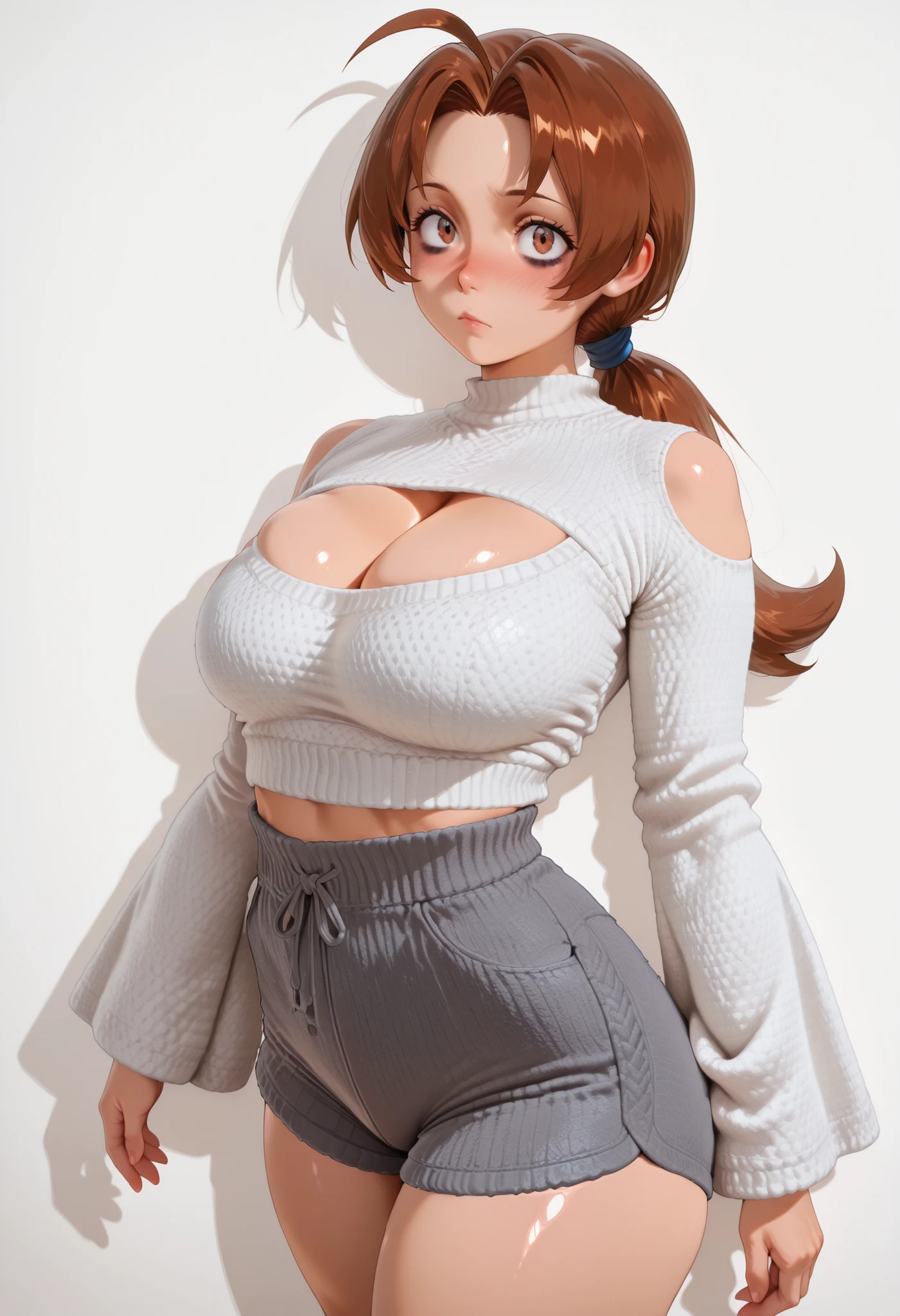 deliaketchum, brown hair, brown eyes, parted bangs, ahoge, ponytail, low ponytail, Solo, Delia Ketchum from Pokémon, BIG BREASTS , shiny skin, shiny hair, shiny body, clear body, white background, empty background, ,, , DYNAMIC POSE , white background, empty background, BAGS UNDER EYES, LARGE BREASTS,, STANDIN UPRIGHT, COWBOY SHOT, POSING, cleavage, CLEAVAGE, BIG ASS, shiny skin, shiny hair, shiny body, clear body, white background, empty background, standing, nice legs, looking at viewer, nose blush, shiny legs, shiny body, shiny hair, clear skin, clear body,, solo, thick thigh, thick thighs, solo, female, large breasts, white sweater, grey shorts, shoulder cutouts,white sweater, grey shorts, shoulder cutouts,white sweater, grey shorts, shoulder cutouts,,white sweater, grey shorts, shoulder cutouts,,,white sweater, grey shorts, shoulder cutouts,,,