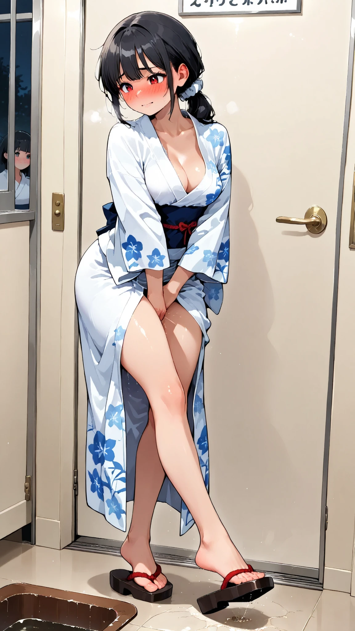 score_9, score_8_up, score_7_up, score_6_up, score_5_up, score_4_up, (extremely detailed and high-quality illustration), (best lighting effects, ultra-realistic), BREAK, two girls, (waiting in line for public bathroom), outside of public bathroom door, beautiful medium breasts, shiny skin, attractive thighs, (black hair, low ponytail), (yukata, lightweight summer kimono, thin cotton fabric, simple floral patterns, white scrunchie), BREAK, she forced to hold her pee, (desperate to pee), (trying her best to hold pee in), HOLD IN URINE, (expression of patience), blush, (squinting:0.7), (painful), (Impatience), (embarrassed), (humiliated), (leaning forward), (arched back:1.3), (one hand between legs desperately hold her crotch:1.3), double-crossed legs, desperate pee-dance foot stepping, (secretly filmed), deep focus composition, 