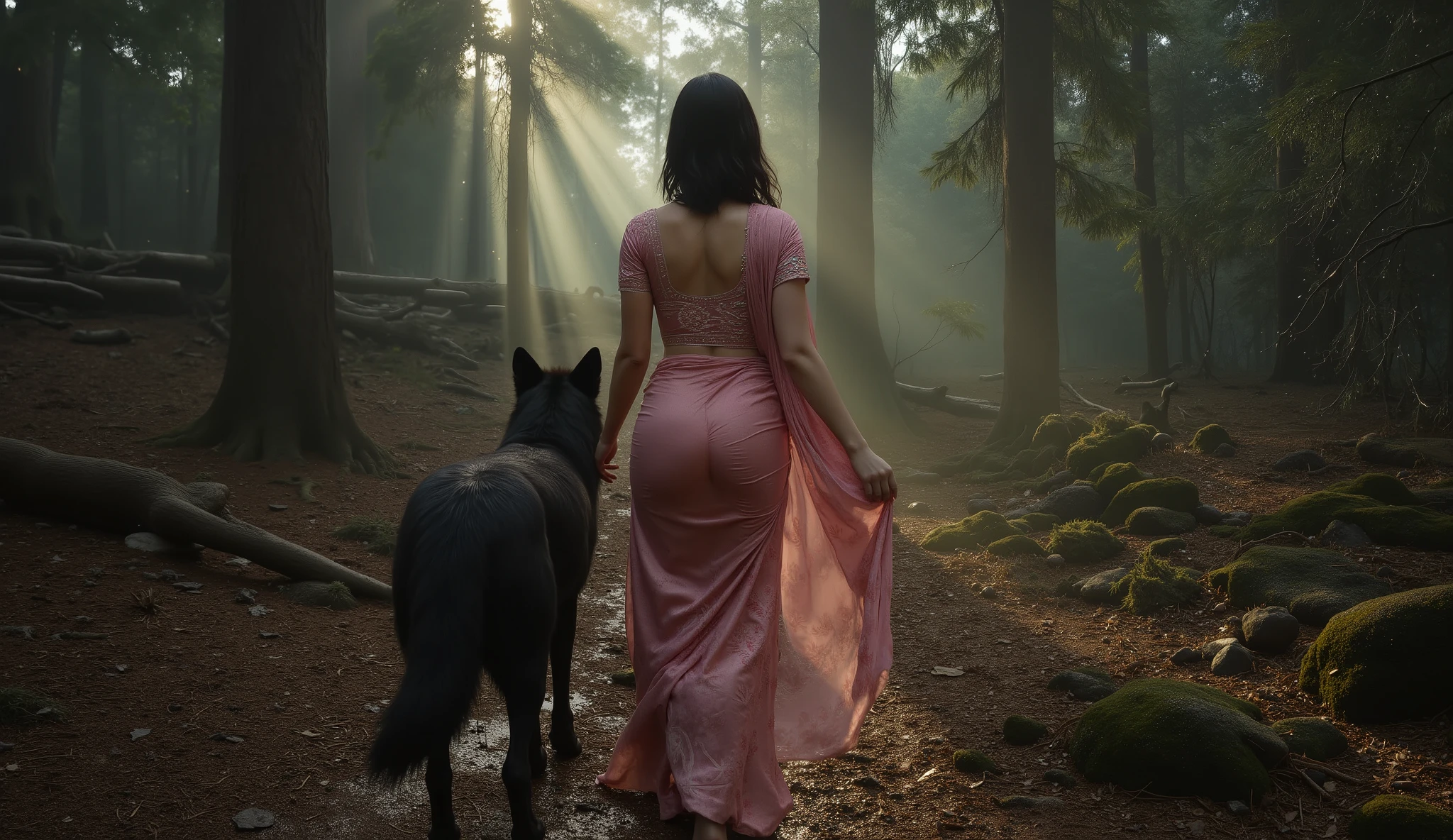 Full hd elegant picture of princess wearing wet pink saree and wet half sleeves pink blouse walking with black wolf in the scary forest full picture back view