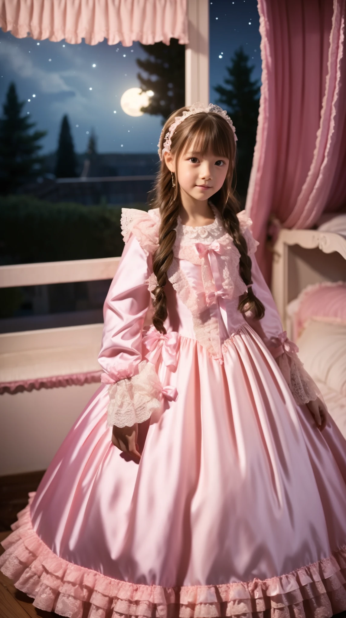 High Quality,Super Detailed,3k photos,get used to it,girl in a pink nightgown,long sleeve,Long Skirt,10 years old,Japanese((,Full Body,Distant view:1.0)),anatomically correct hand,looking at the camera,