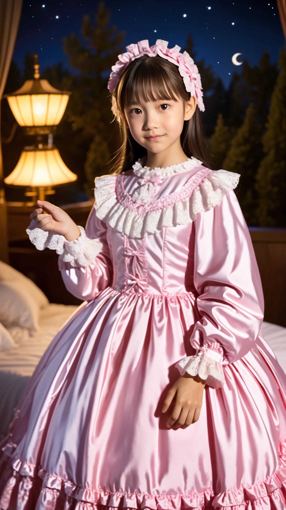 High Quality,Super Detailed,3k photos,get used to it,girl in a pink nightgown,long sleeve,Long Skirt,10 years old,Japanese((,Full Body,Distant view:1.0)),anatomically correct hand,looking at the camera,