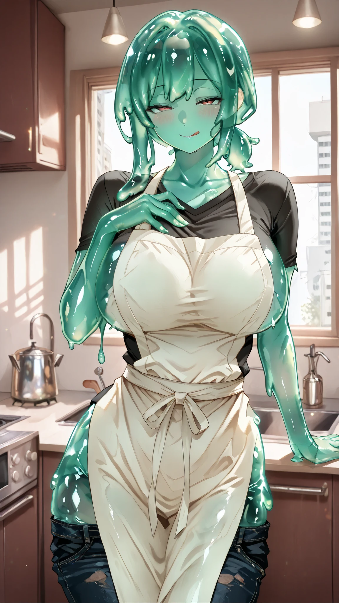 handfixer,dasiwaslgl,SOLO,A Green Slime Female,Mature Female,(Slime hair,Short ponytail), Shiny Skin,Slim Body,Big Breasts,Slim Waist,Big Hip,Wearing A Black T-Shirt, Long Jean Pants,White apron,Standing In the kitchen, Beside the window,((Torogao,Seductive smile)),Sunshine,in the Apartment,UHD, SOLO, anatomically correct, masterpiece, Slime skin, high details, highres, 1080P, 16k, accurate,Cowboy Shot,(((look at the viewer)))