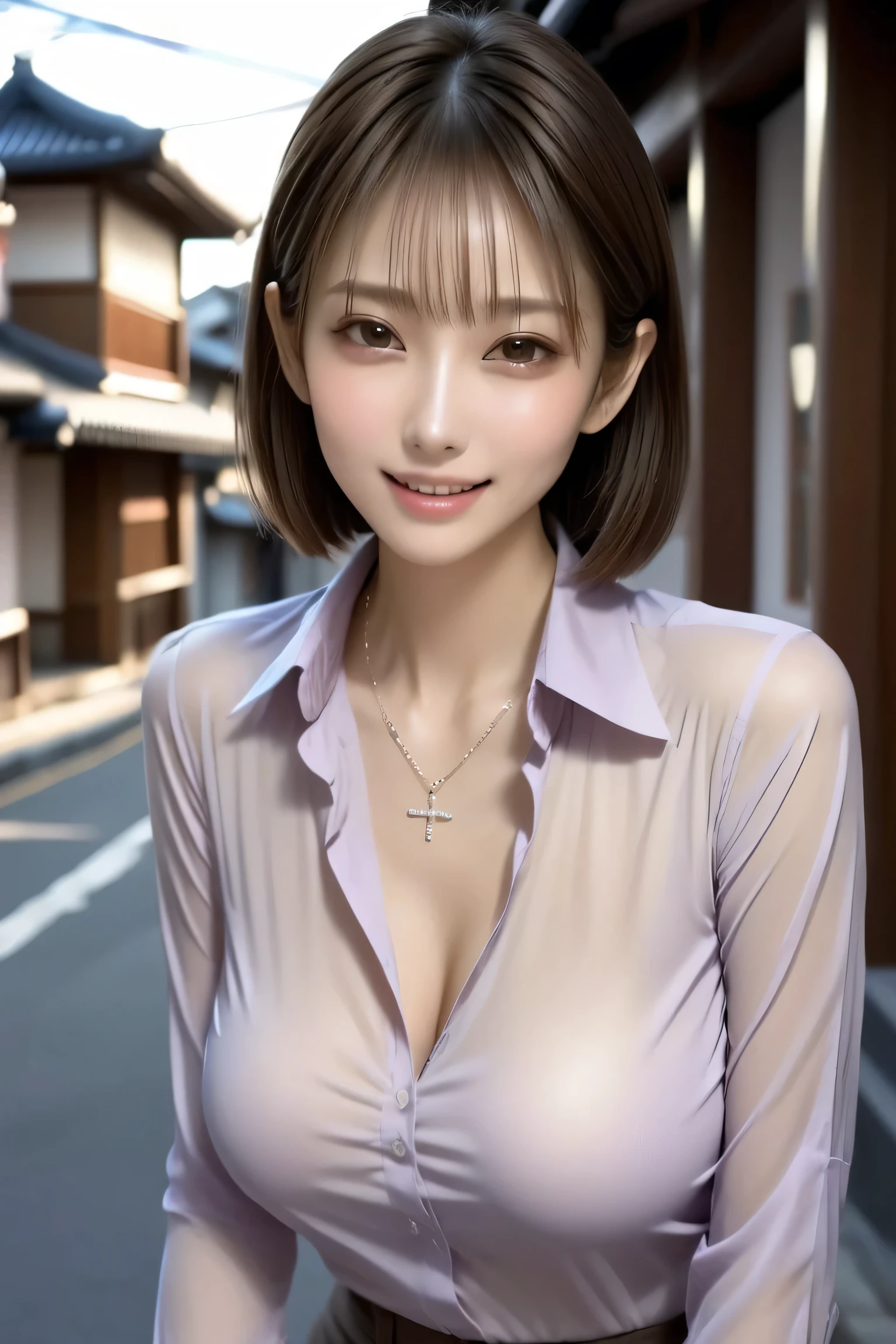 masterpiece, best quality, photorealistic, 1Japanese woman, beautiful adult face, natural makeup, dark brown eyes, defined double eyelids, long silk eyelashes, sophisticated hair, alluring grin, perfect white teeth, elegant silver necklace, light purple shirt, black tight mini skirt, big breasts, toned thighs, standing pose, cowboy shot composition, Kyoto streets, traditional architecture, cinematic lighting, 8k uhd, professional photography