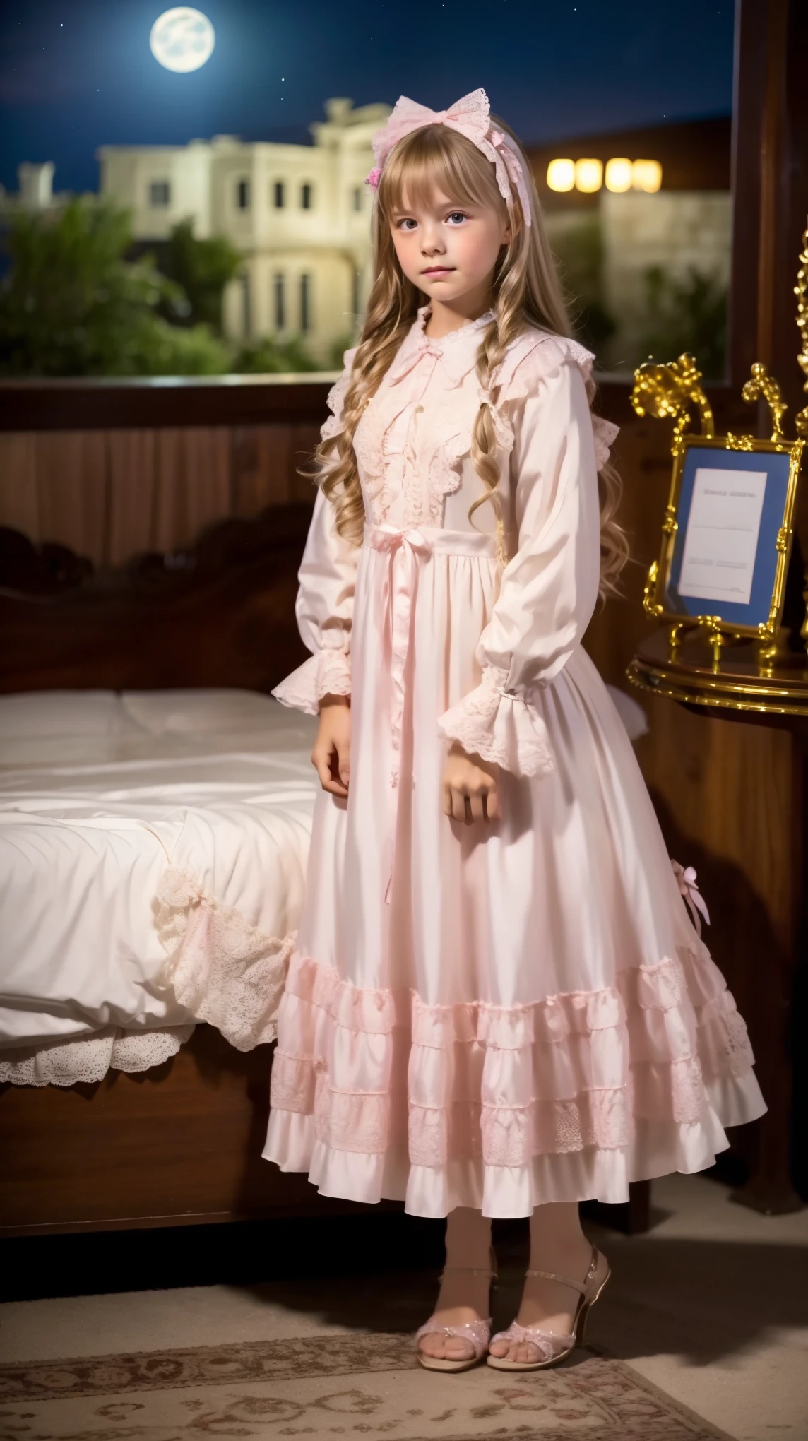 High Quality,Super Detailed,3k photos,get used to it,girl in a pink nightgown,long sleeve,Long Skirt,10 years old,Americans in prostitution,Blonde Long Hair,((,Full Body,Distant view:1.0)),anatomically correct hand,looking at the camera,