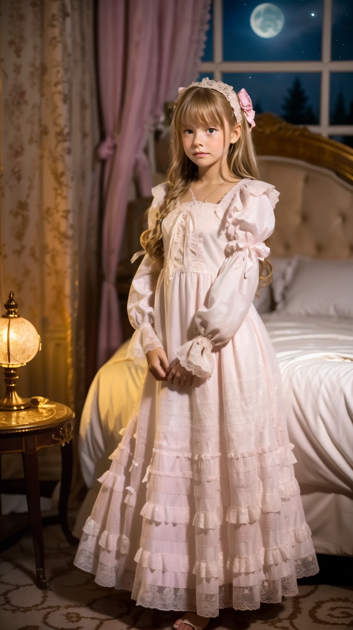 High Quality,Super Detailed,3k photos,get used to it,girl in a pink nightgown,long sleeve,Long Skirt,10 years old,Americans in prostitution,Blonde Long Hair,((,Full Body,Distant view:1.0)),anatomically correct hand,looking at the camera,