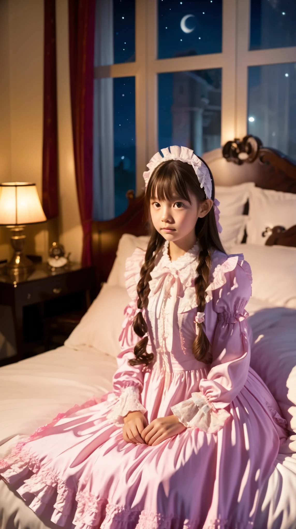 High Quality,Super Detailed,3k photos,get used to it,girl in pink nightgown sits on bed,,long sleeve,Long Skirt,10 years old,Japanese((,Full Body,Distant view:1.0)),anatomically correct hand,looking at the camera,