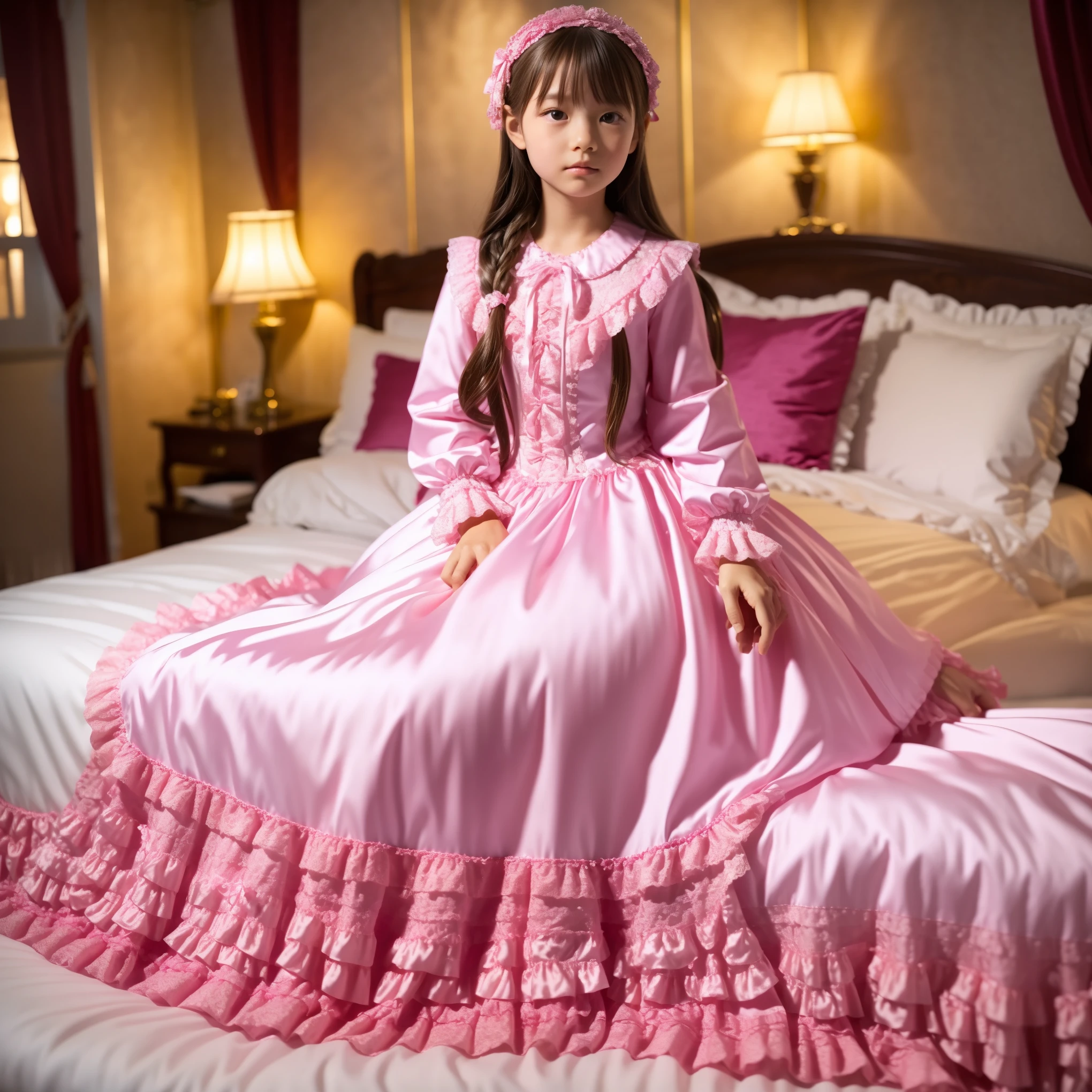 High Quality,Super Detailed,3k photos,get used to it,girl in pink nightgown sits on bed,,long sleeve,Long Skirt,10 years old,Japanese((,Full Body,Distant view:1.0)),anatomically correct hand,looking at the camera,