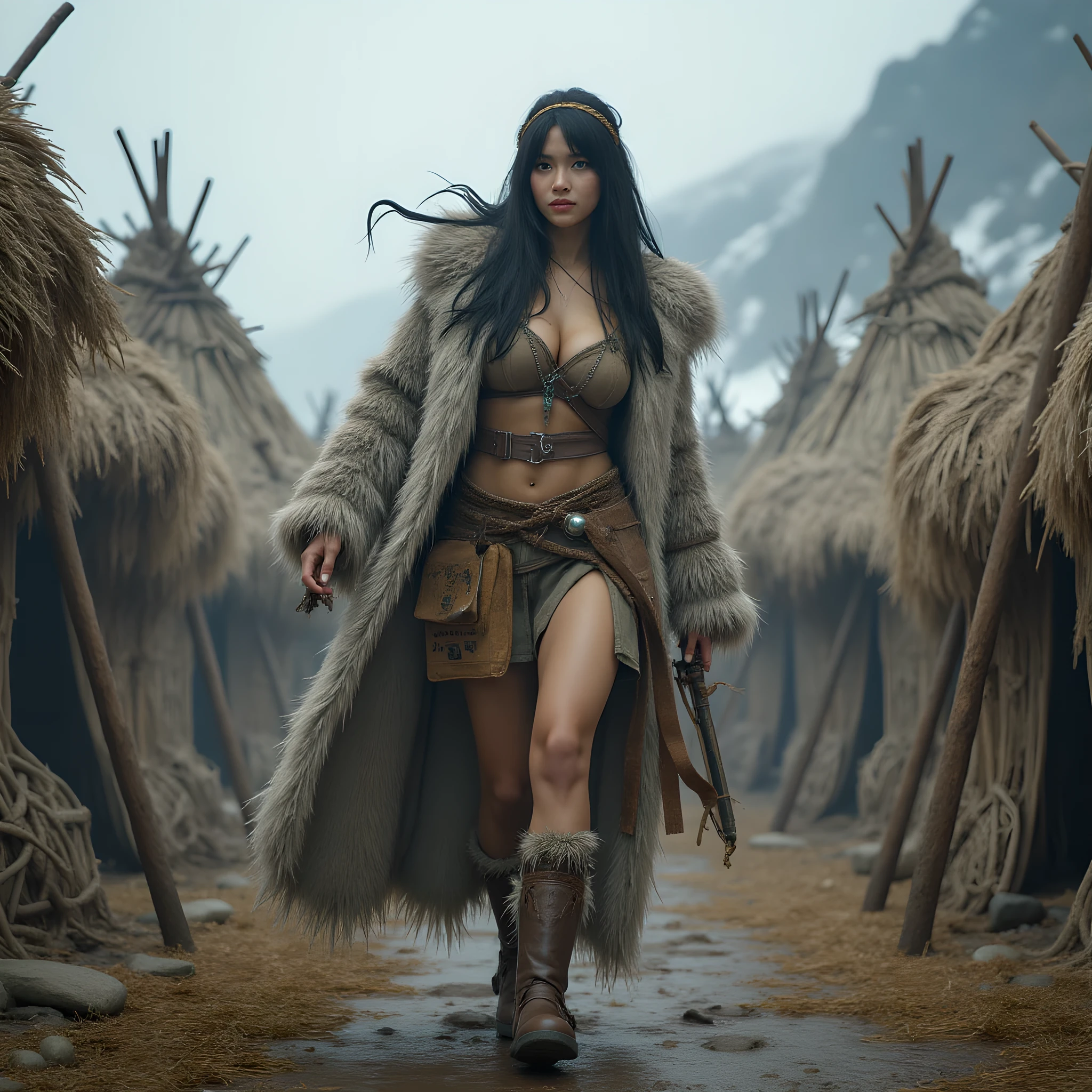 Ancient prehistoric age era, 
Stone age era, 

((Realistic cinematography ultra wide depth intense stunning orderly hut tents angle of scenery)),the detailed of a female hunter walking,(within densely ultra intricately straw tents),(nomads community),((a nomads tribe)),wearing full coverage long fur primitively fabric long coat and straws primitive wardrobe,,wondering,(perfectly depth symmetrically curvy and busty body shapely),(cinematic dynamically camera wide angle scenery:accurately depicted:1.3),the lively prehistoric hut tents depicting scenery,night,realistically full depth,(cinematography dynamic angle|hyperrealistic:realistic scenery:3d texture over the scenery),cloudy winter season,best videography angle,hdr,blue hour, (cinematography vibe),primitive wardrobe,(dynamic image composition),(octane 3d rendering|50mm lens shot:1.3),(lifelike skin texture:lifelike hairs:realism),(best rule of third photography composition),(best image aperture),(full details depth of field),(best shutter speed),(RAW photo image),(photorealistic|photorealism:hyperrealism style),(realistic depth 3d:cgi:1.3),(trending on cgsociety:devianart:unreal engine 5),,(best photography:national Geographic style), solarPunkAi and greenPunkAi artwork, digital art,best lighting concept,(realistic fixed truly fully human's anatomy body+hands+and+fingers anatomical),natural motion,inspired by farcry5 game artwork.