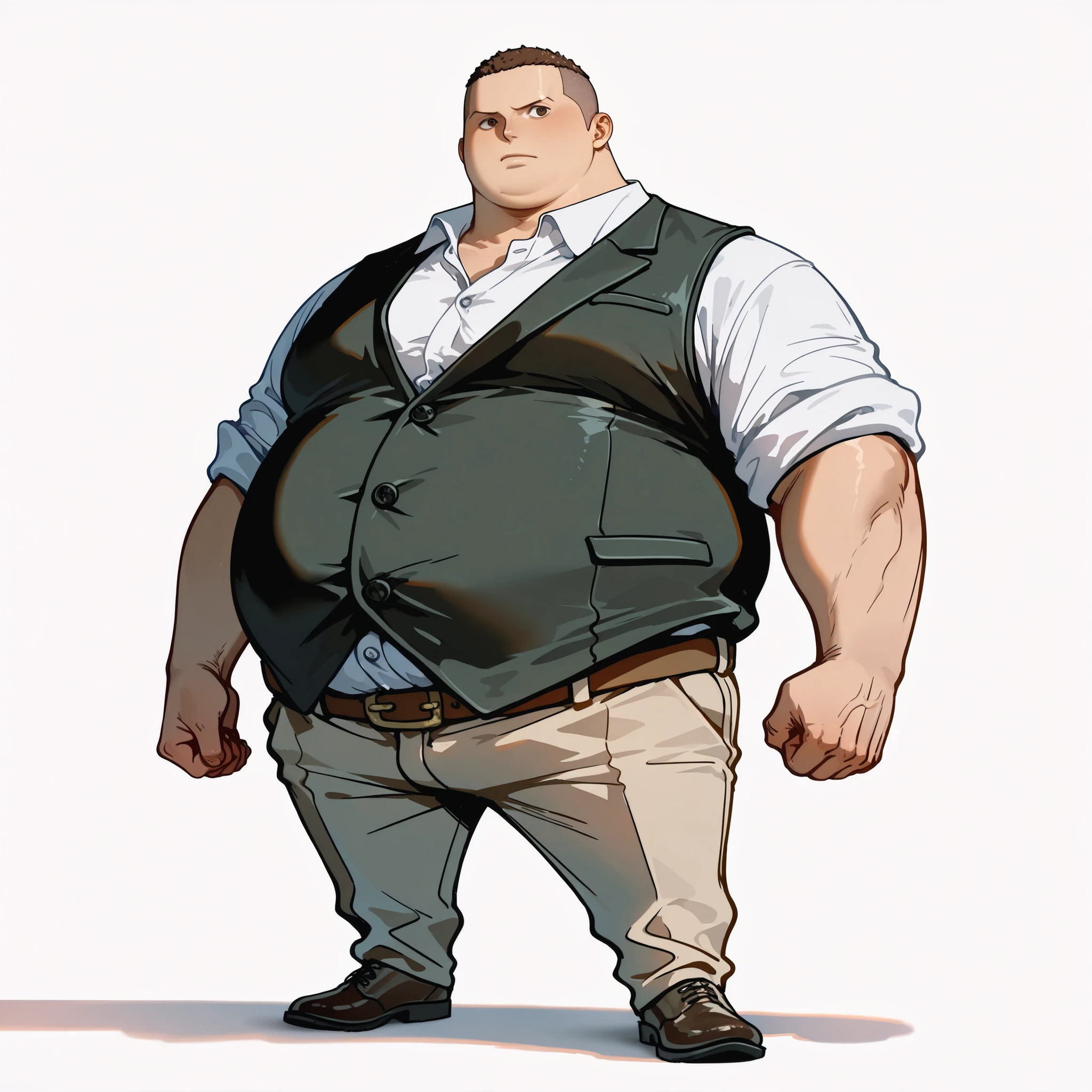 (male), (teen boy), (short legs), (large arm), (very fat body), (brown hair, buzzcut), (brown eyes), (neutral face), (youthful pose), (giant body), (giant character), (solo), (single character), (full body version), (white background), (no background), (highly detailed), (shadow), (standing pose), (natural light), (detailed outfit), (detailed hand), (detailed face), (detailed hair)  
Wearing casual formal attire: simple button-up shirt, vest, plain trousers, leather belt, and polished shoes, without trench coat or hat, giving a neat but youthful detective-in-training look. (One piece style art)