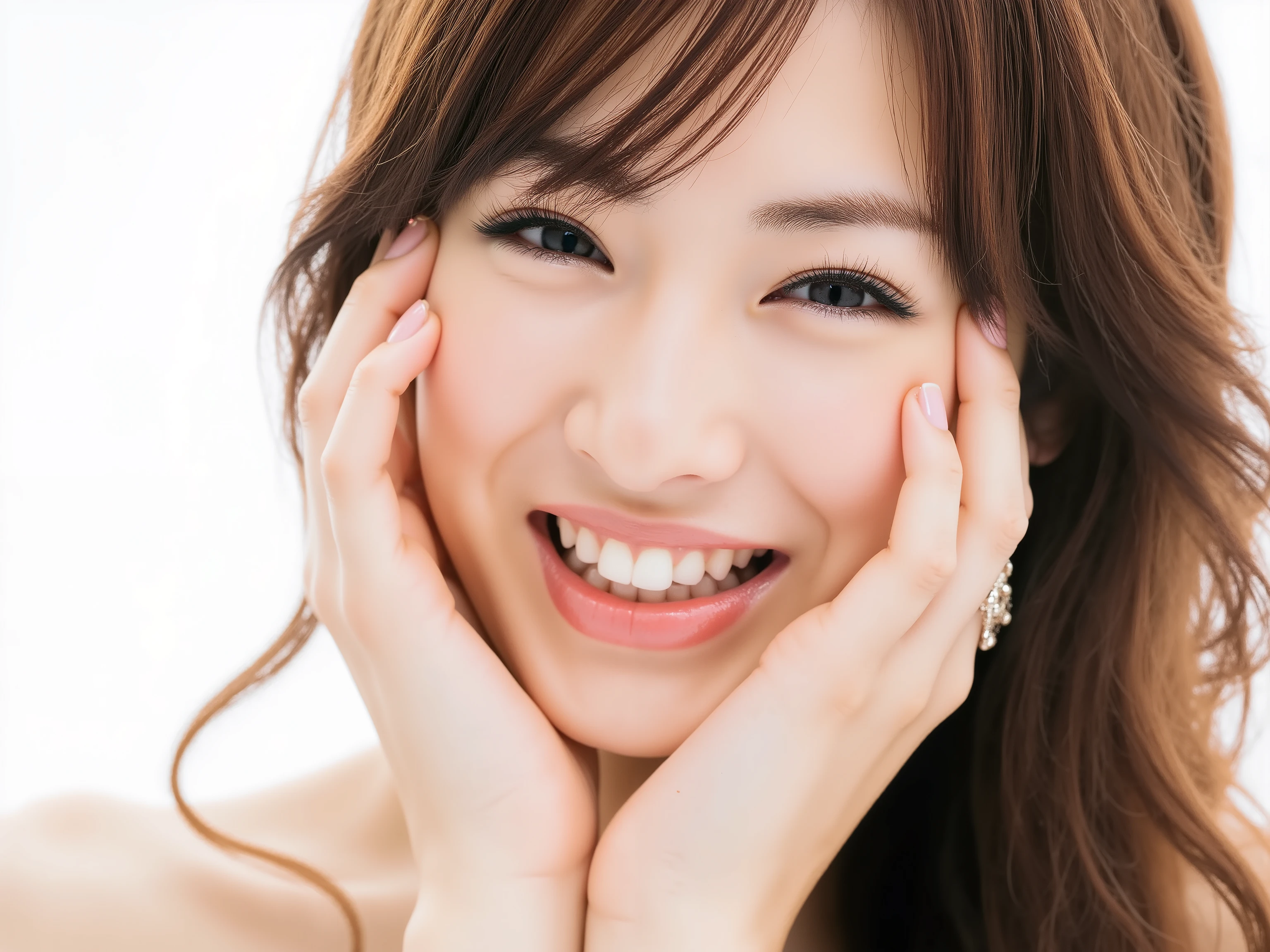 (Refined from an old photo, recreated in a modern, ultra high-quality photorealistic style),
Ultra photorealistic close-up portrait of a beautiful Japanese woman,
upper-body shot, wearing a black outfit (completely out of frame, not visible),
shoulders and collarbone softly exposed,
both hands pressing her cheeks in a shy, lovestruck pose,
sparkling eyes gazing dreamily at the viewer with overwhelming affection,
cheeks blushing deeply with a sweet reddish glow,
soft glossy lips curved into a bright, full, lovestruck smile,
expression melting with love, playful, dreamy, adorably bashful,
purely cute and lovestruck, overflowing with affection and warmth,
smooth glowing skin texture with delicate details,
hair softly framing her blushing face, slightly tousled,
background pure white with gentle blur,
(masterpiece, best quality, high resolution, intimate romantic close-up, cinematic magazine cover style)