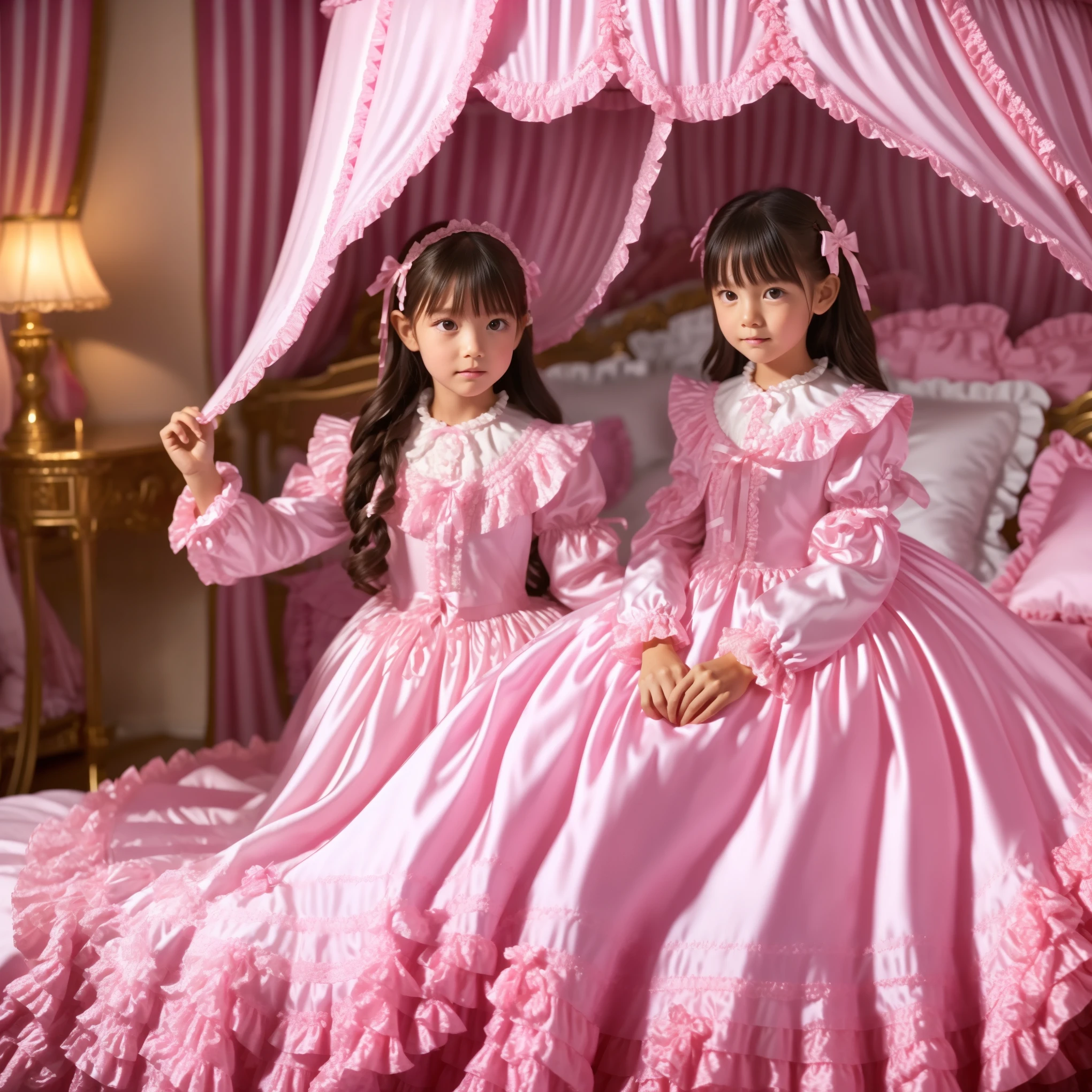 High Quality,Super Detailed,3k photos,get used to it,girl in a pink nightgown,sits on the bed,,long sleeve,Long Skirt,10 years old,Japanese((,Full Body,Distant view:1.0)),anatomically correct hands,looking at the camera,gorgeous and adorable pink canopy bed,Lots of ruffle pillows,