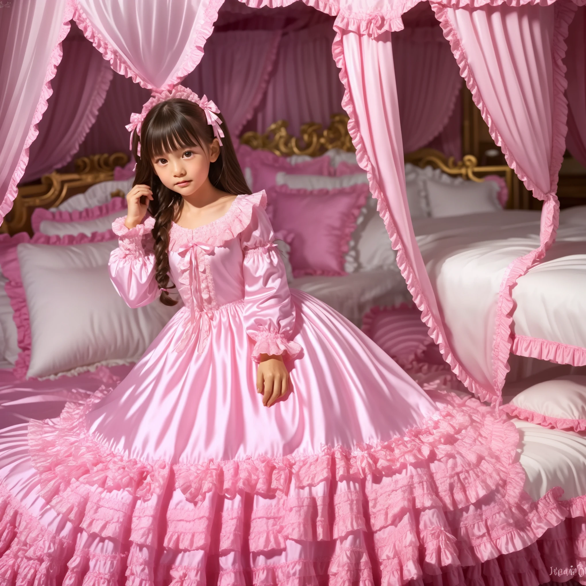 High Quality,Super Detailed,3k photos,get used to it,girl in a pink nightgown,sits on the bed,,long sleeve,Long Skirt,10 years old,Japanese((,Full Body,Distant view:1.0)),anatomically correct hands,looking at the camera,gorgeous and adorable pink canopy bed,Lots of ruffle pillows,