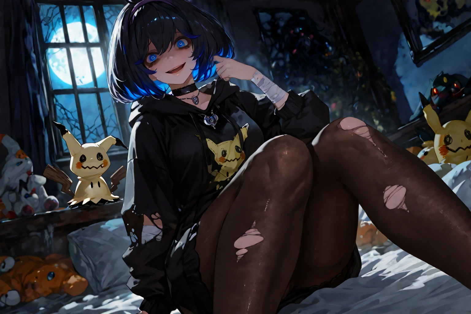 girl, large black sweatshirt, sitting posture, calm look, Sitting in front, , a dark room, evil eyes, glowing skin, Looking ahead, facial expression