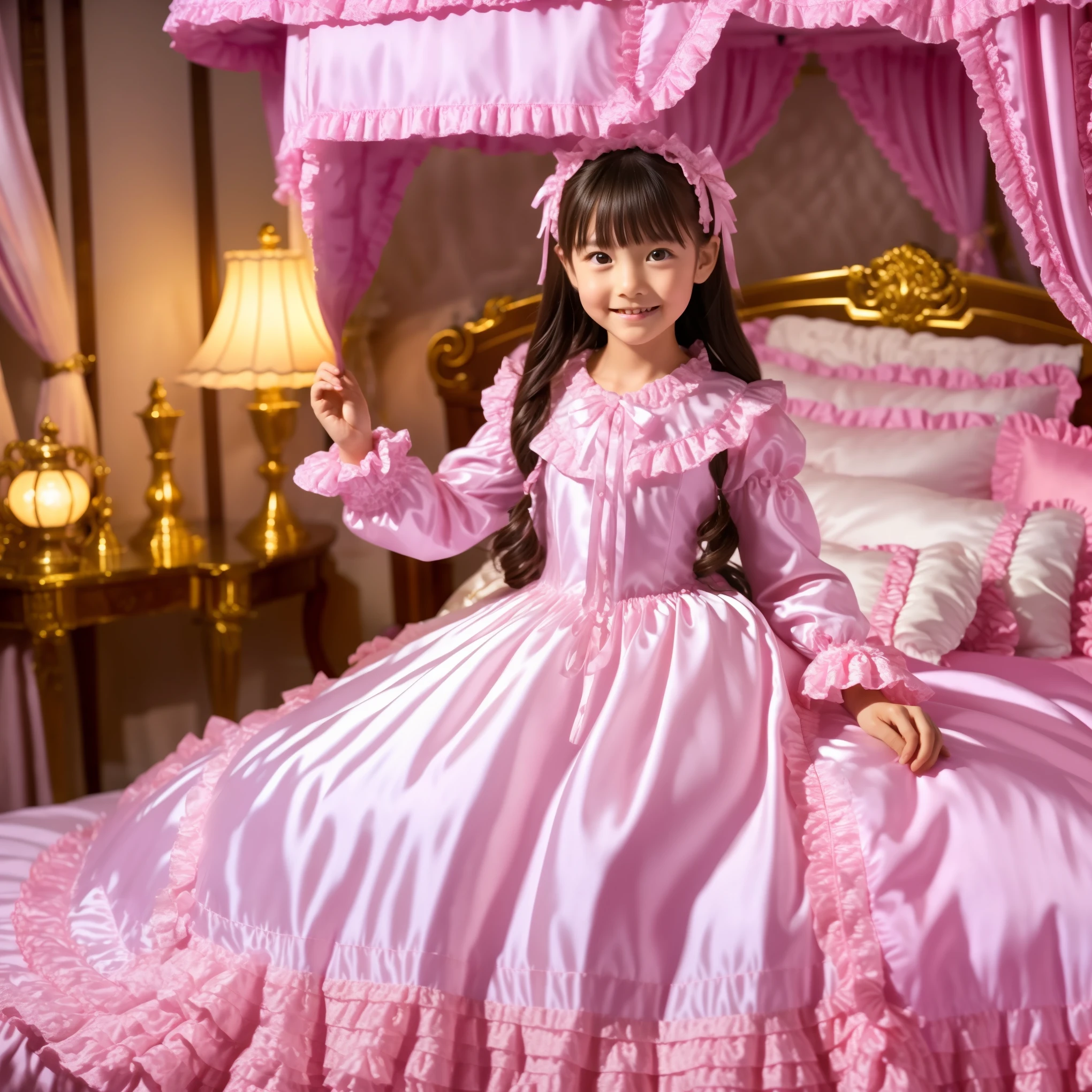 High Quality,Super Detailed,3k photos,get used to it,girl in a pink nightgown,sits on the bed,,long sleeve,Long Skirt,10 years old,Japanese,Smile Yan,((,Full Body,Distant view:1.0)),anatomically correct hands,looking at the camera,gorgeous and adorable pink canopy bed,Lots of ruffle pillows,