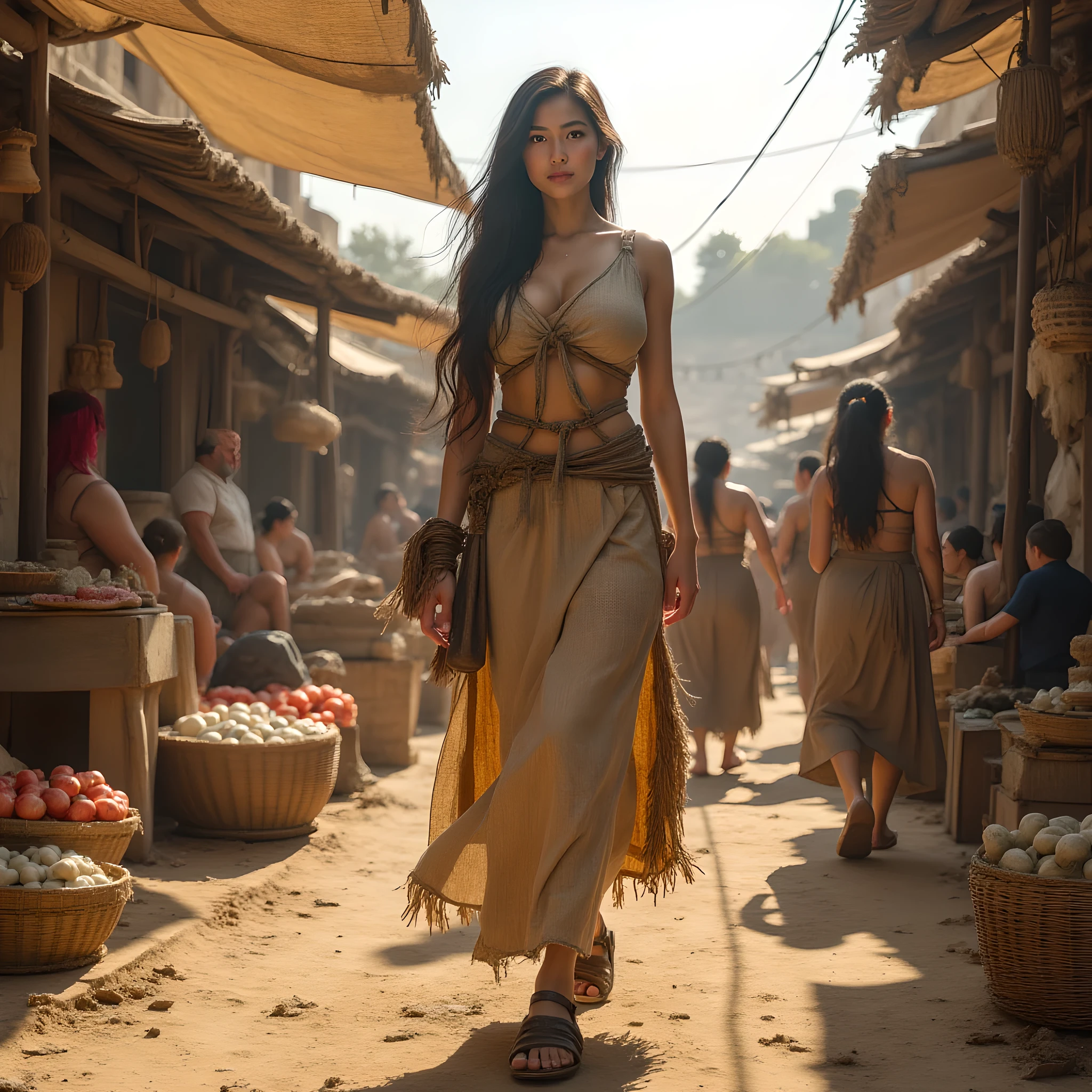 Ancient prehistoric age era, 
Stone age era, 

((Realistic cinematography ultra wide depth intense stunning orderly clay houses angle of scenery)),the detailed of a female peasants walking,wearing sandals, (within densely ultra intricately residents),(prehistoric city),((a farmer tribe)),wearing full coverage long kimono gown primitively fabric long coat and cloth primitive wardrobe,,wondering,(perfectly depth symmetrically curvy and busty body shapely),(cinematic dynamically camera wide angle scenery:accurately depicted:1.3),the lively prehistoric crowds market depicting scenery,afternoon,realistically full depth,(cinematography dynamic angle|hyperrealistic:realistic scenery:3d texture over the scenery),autumn season,best videography angle,hdr,golden hour, (cinematography vibe),primitive wardrobe,(dynamic image composition),(octane 3d rendering|50mm lens shot:1.3),(lifelike skin texture:lifelike hairs:realism),(best rule of third photography composition),(best image aperture),(full details depth of field),(best shutter speed),(RAW photo image),4K,(photorealistic|photorealism:hyperrealism style),(realistic depth 3d:cgi:1.3),(trending on cgsociety:devianart:unreal engine 5),,(best photography:national Geographic style), solarPunkAi and greenPunkAi artwork, digital art,best lighting concept,(realistic fixed truly fully human's anatomy body+hands+and+fingers anatomical),natural motion,inspired by farcry5 game artwork.