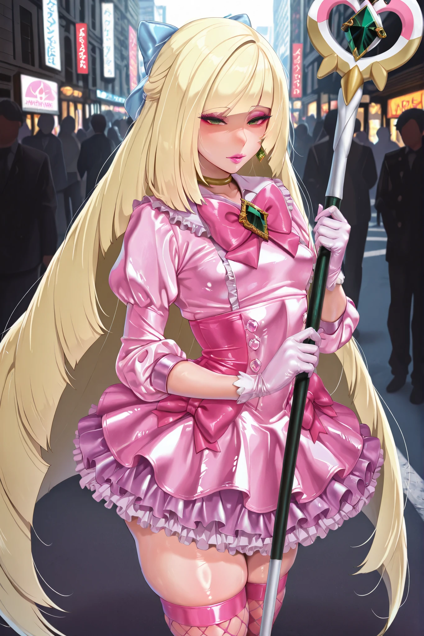 piza_girl_style,best quality, masterpiece, shiny skin, realistic, 1girl, lusamine (pokemon), makeup, eyeshadow, half-closed eyes, empty eyes, shiny skin, shiny clothes, solo, very long hair ,blonde hair ,green eyes, lipstick, looking at viewer, standing, outside, city, street, crowd, puffy sleeve, short sleeve, , rating_questionable, gyaru, slutty_clothes, (magical_girl), white gloves,pink fishnet stocking,pink bow,blue bow,bow,brooch,dress,standing,earrings,frilled dress,frills,gloves,hair bow,heart,jewelry,holding staff,