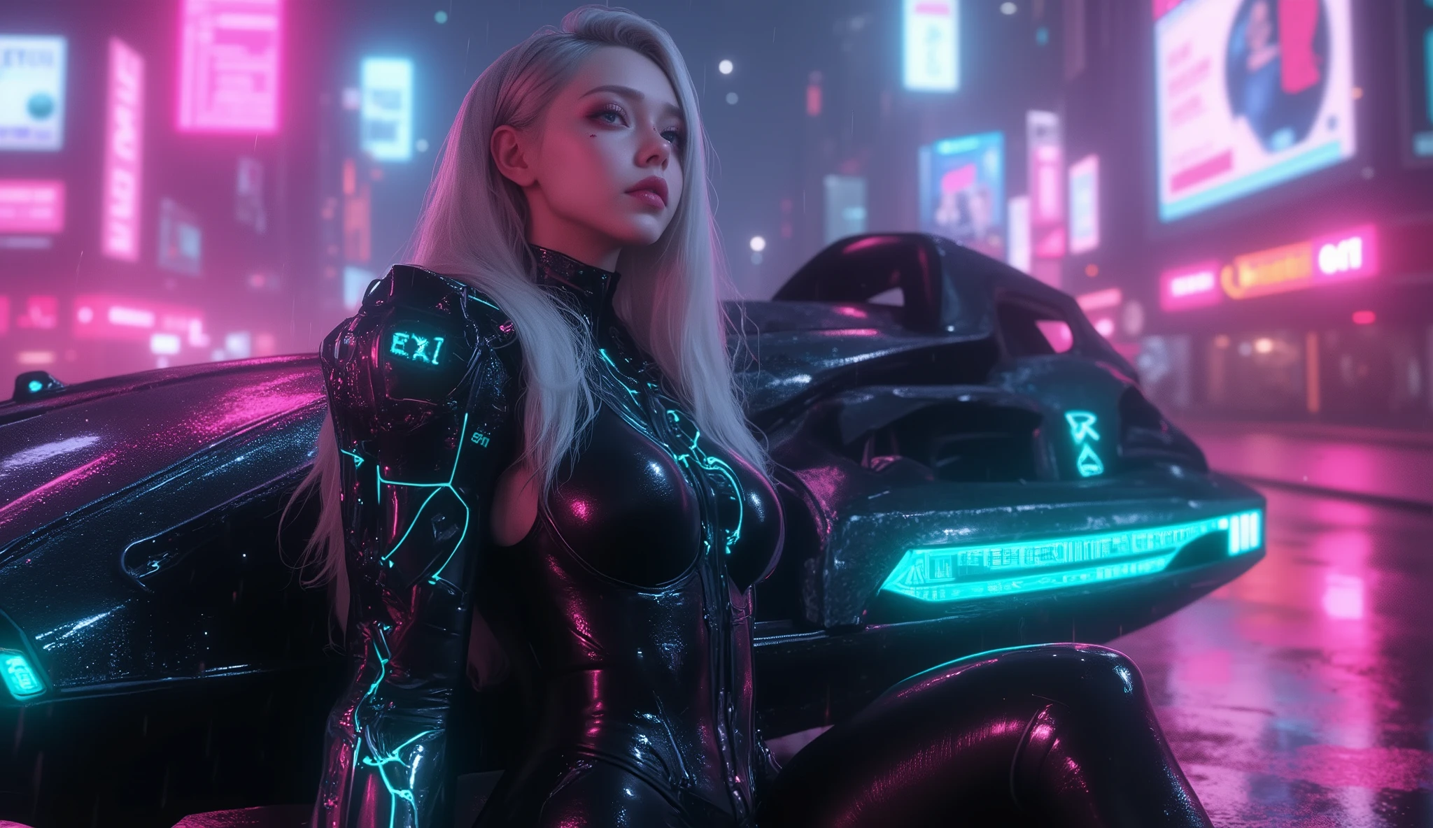 (Meisterwerk), (best quality), ultra-detailliert, fotorealistisch,  8k resolution , Kinematic daylight, 
A gothic girl sits back to the car, dramatische Pose,  
Hyperrealistic cyberpunk portrait of a stunning young woman in sleek black latex , leaning casually against a futuristic armored hovercar in the heart of a neon-soaked megacity at night. Her right arm is a fully articulated chrome cybernetic limb, with glowing data lines pulsing through transparent panels. She has long, silky platinum hair with neon streaks, slightly windblown, framing a flawless face with piercing icy-blue eyes and a subtle smirk of confidence. Her outfit gleams under the rain-slick streets’ reflections, hugging her athletic, feminine form.

Behind her, holographic billboards, flying cars, and towering skyscrapers disappear into a hazy mist of pink, cyan, and violet light. The hovercar’s surface is covered in luminous circuit patterns and kinetic armor plating, softly glowing with power. A faint holographic HUD projects from her cyber-arm, casting a cyan glow onto her face. The atmosphere is cinematic and moody — heavy rain, reflective puddles, steam rising from vents, and shimmering neon shadows.

Masterpiece quality, 8K ultra detail, photorealistic cyberpunk concept art, intricate textures, dramatic lighting, trending on ArtStation, Unreal Engine rendering, hyperdetailed, atmospheric depth of field, bokeh effects, perfect , cinematic realism.

