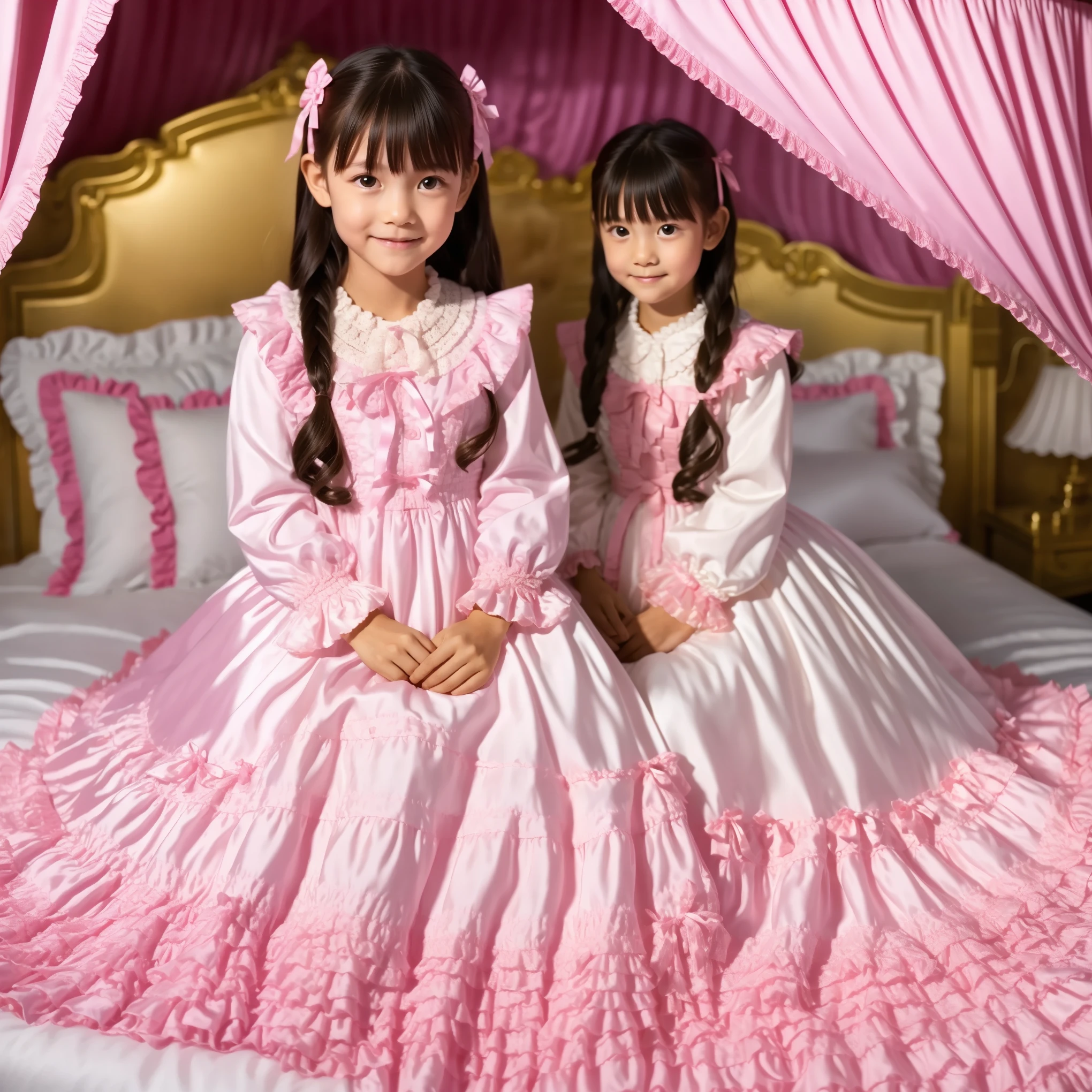 ,((,Full Body,Distant view:1.2)),High Quality,Super Detailed,3k photos,get used to it,girl in a pink nightgown,Sit on the edge of the bed,,long sleeve,Long Skirt,10 years old,Japanese,Smile Yan,anatomically correct hand,looking at the camera,gorgeous and adorable pink canopy bed,King Bed,Lots of ruffle pillows,